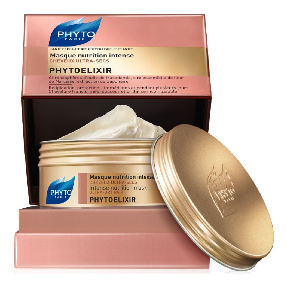 Pot de masque capillaire. Pot doré avec couvercle et nom du produit. Emballage rose avec informations.