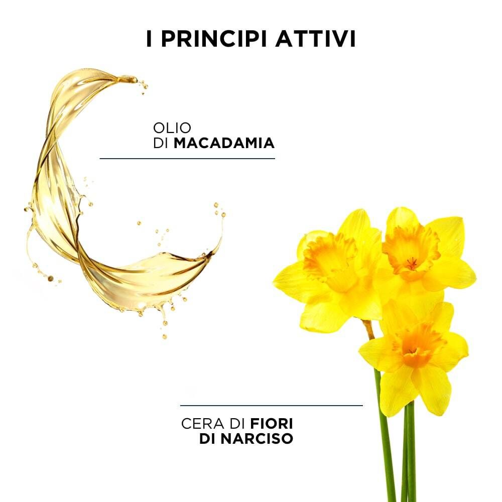 Graphique avec éclaboussure d'huile et fleurs de narcisses. Texte: Olio di Macadamia, Cera di fiori di Narciso.