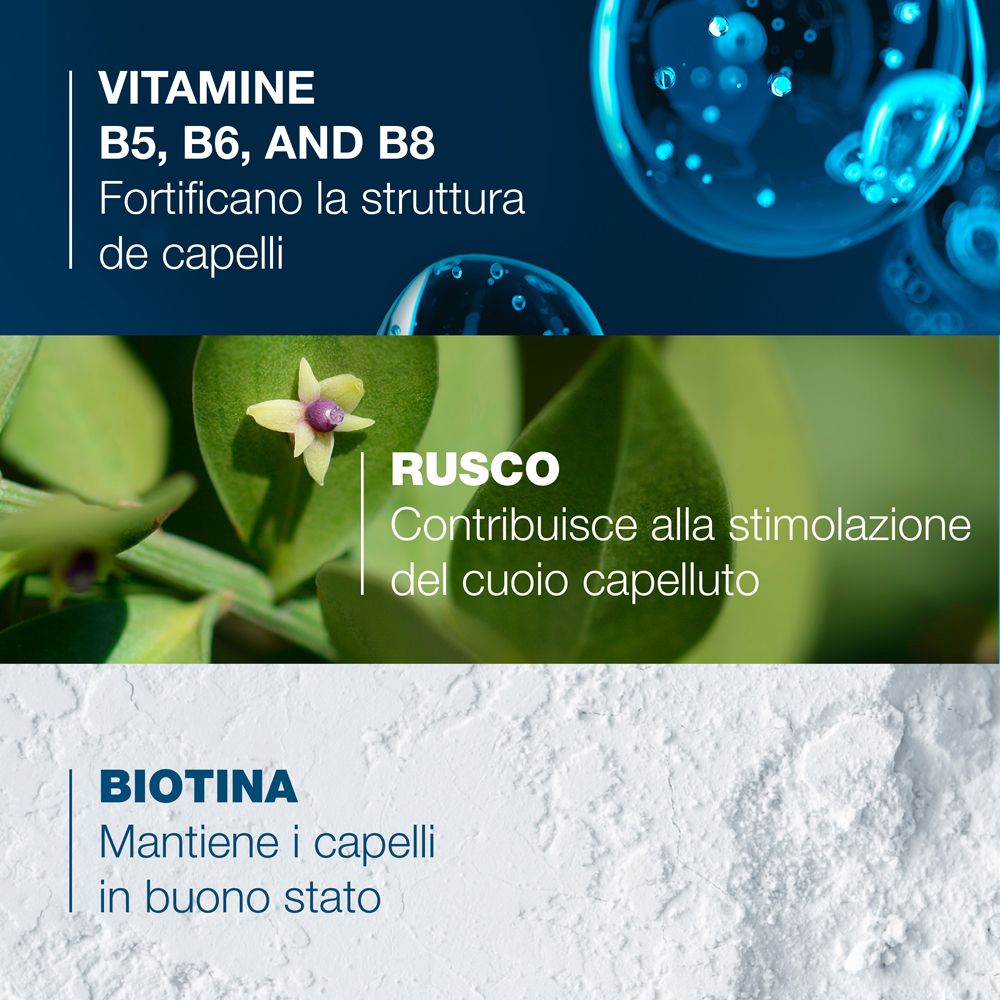 Graphiques avec texte. Texte: Les vitamines B5, B6, B8 renforcent la structure capillaire. Le ruscus stimule le cuir chevelu. La biotine maintient les cheveux.