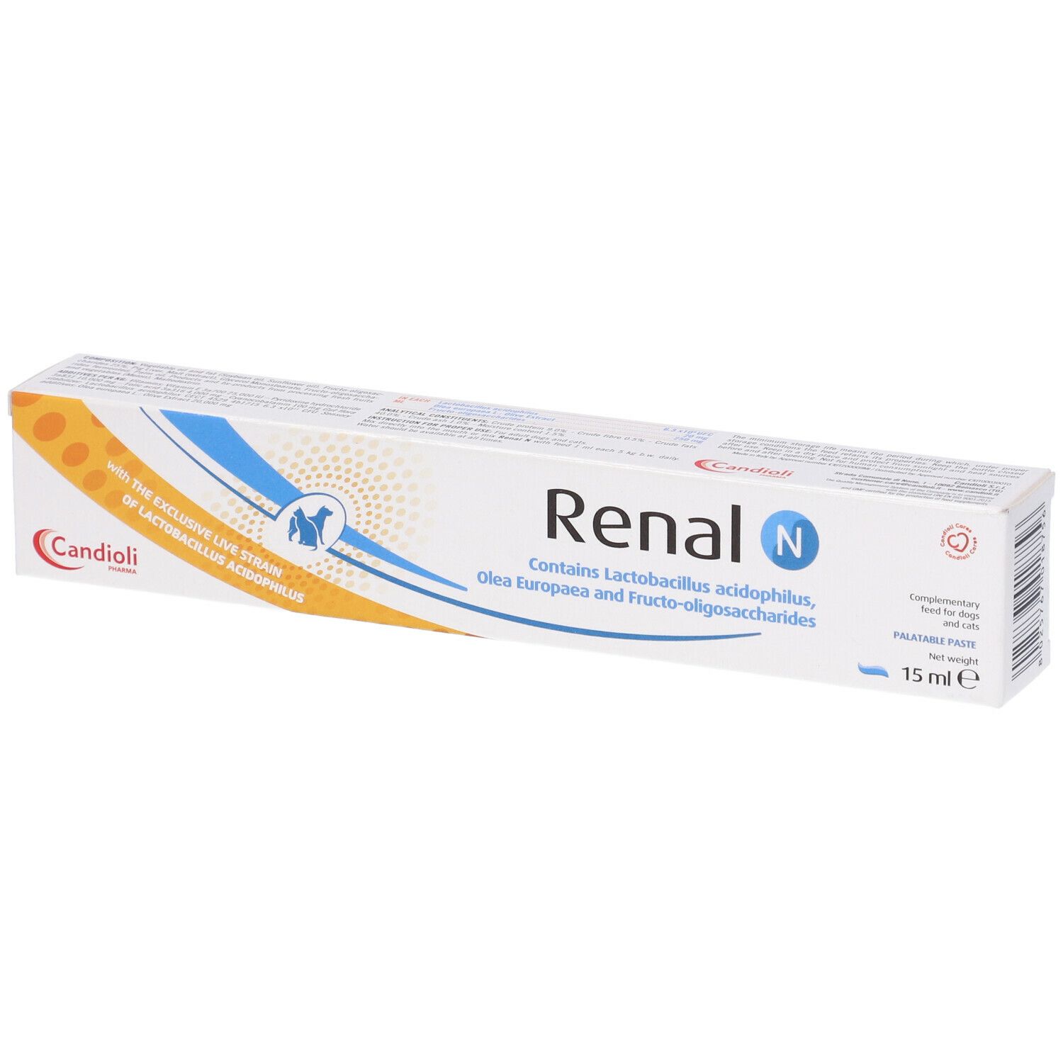 Verpackung Renal N. Enthält Lactobacillus acidophilus, Olivenöl und Fructo-Oligosaccharide. 15 ml.