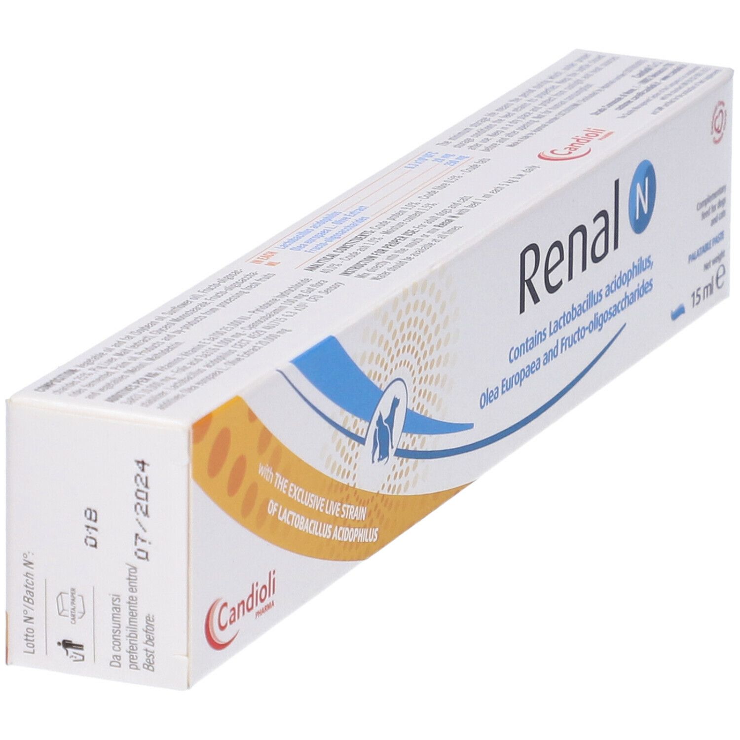 Verpackung Renal N. Enthält Lactobacillus acidophilus, Olivenöl und Fructo-Oligosaccharide. 15 ml.