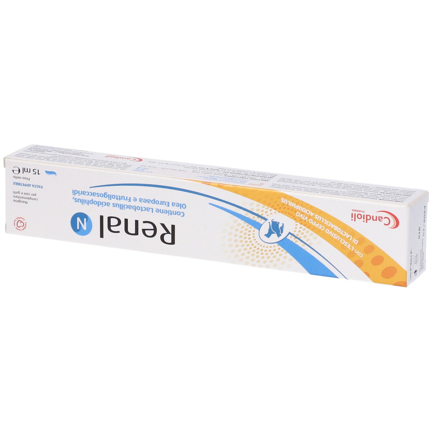 Verpackung Renal N. Enthält Lactobacillus acidophilus, Olivenöl und Fructo-Oligosaccharide. 15 ml.