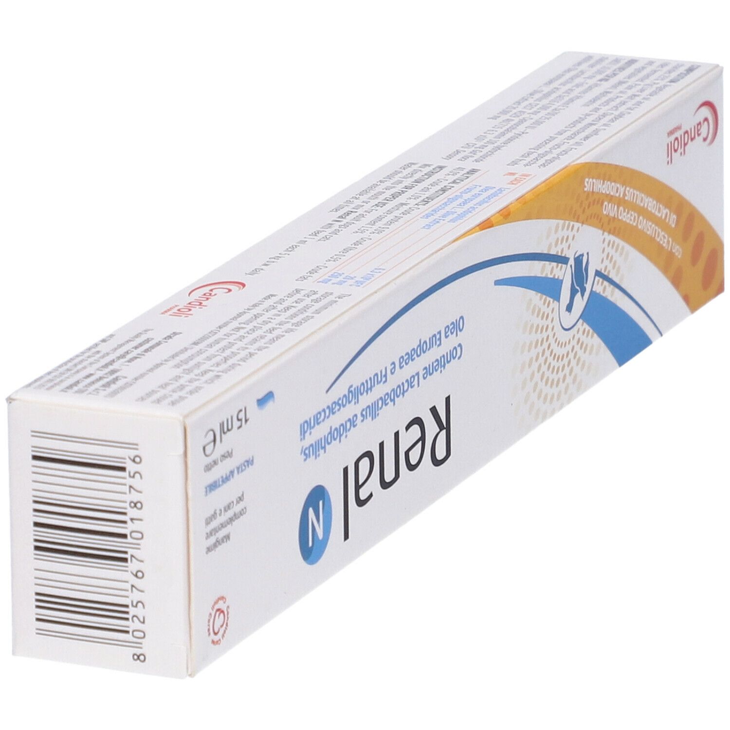 Verpackung Renal N. Enthält Lactobacillus acidophilus, Olivenöl und Fructo-Oligosaccharide. 15 ml.