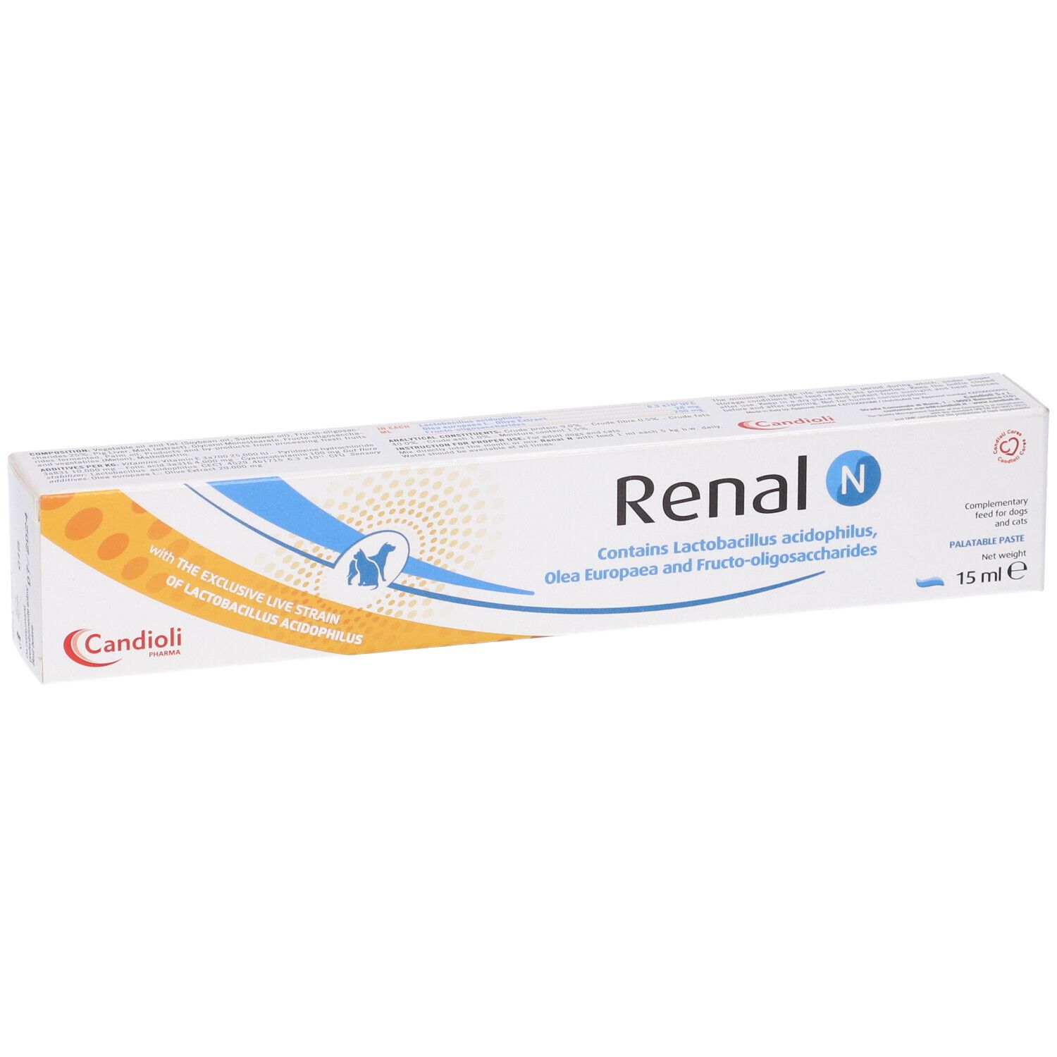 Verpackung Renal N. Enthält Lactobacillus acidophilus, Olivenöl und Fructo-Oligosaccharide. 15 ml.