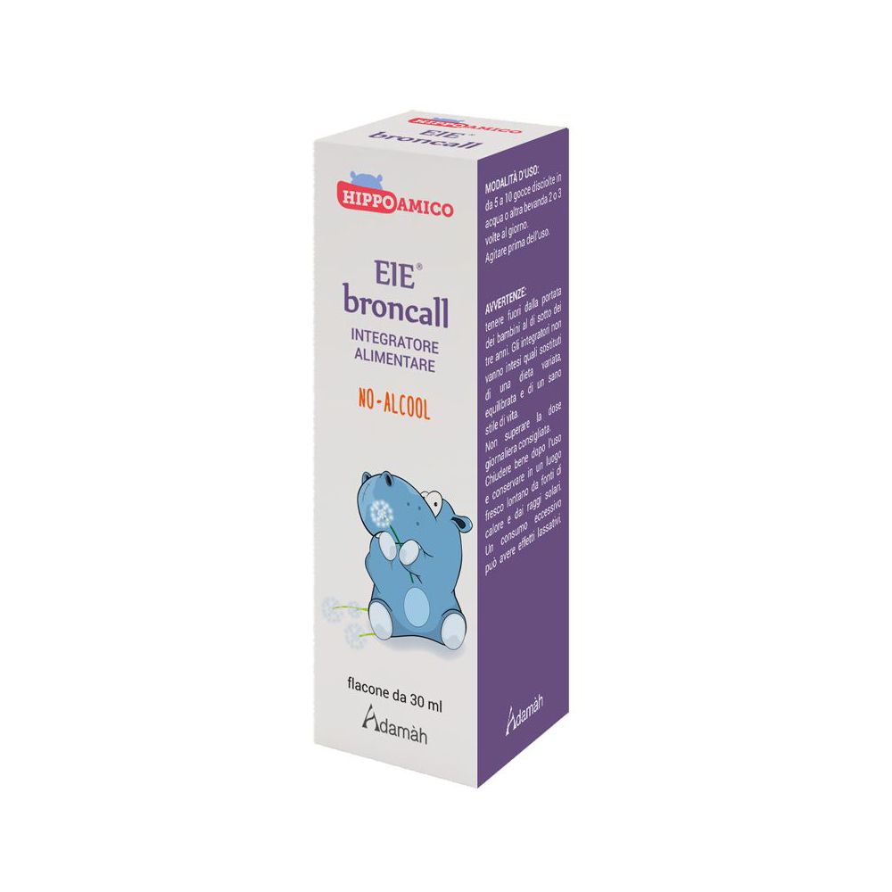 Boîte avec impression du produit. Inscription: EIE broncall, Integratore Alimentare, No-Alcool. Illustration d'un hippopotame bleu.