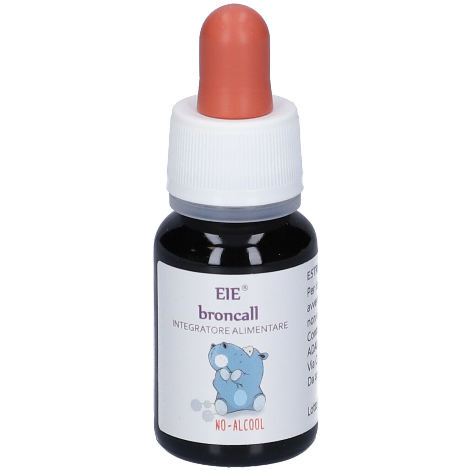 Liquide brun dans un flacon compte-gouttes avec bouchon blanc et embout rouge. Inscription: EIE broncall, Integratore Alimentare, No-Alcool.