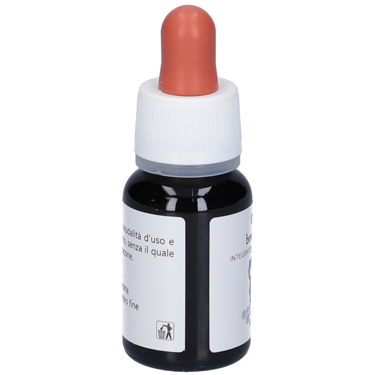 Flacon compte-gouttes avec liquide brun, bouchon blanc et embout rouge. Inscription: EIE broncall, Integratore Alimentare, No-Alcool. Texte.