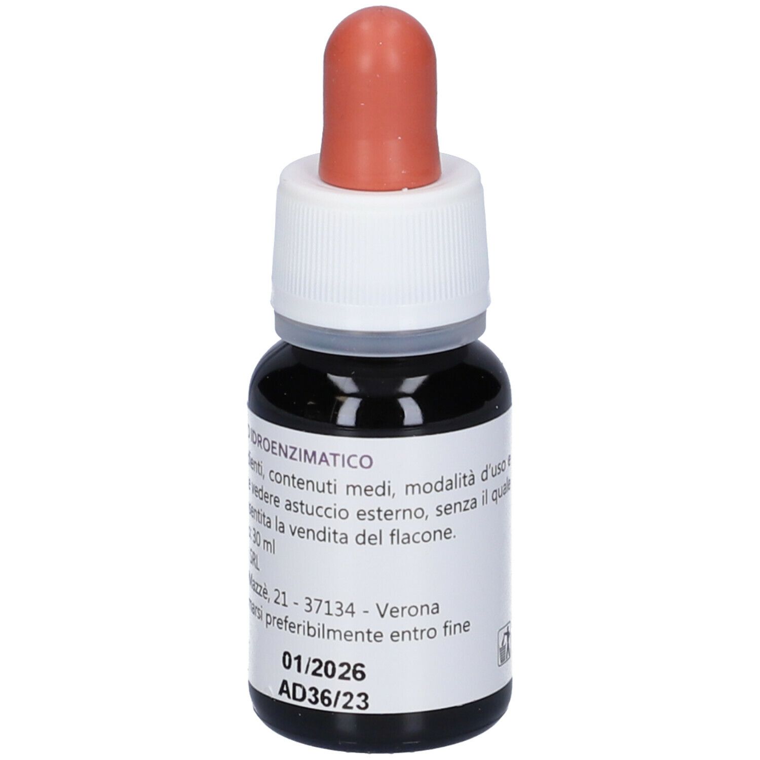 Flacon compte-gouttes avec liquide brun, bouchon blanc et embout rouge. Inscription: EIE broncall, Integratore Alimentare, No-Alcool. Texte.