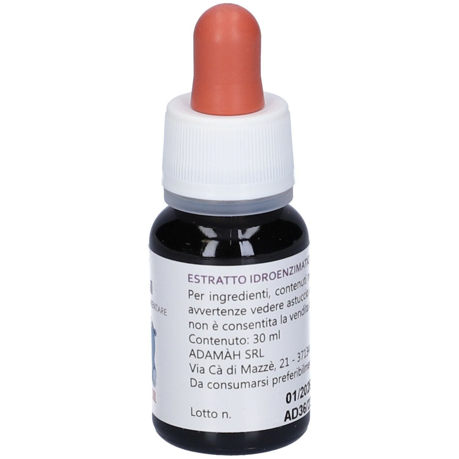 Flacon compte-gouttes avec liquide brun, bouchon blanc et embout rouge. Inscription: EIE broncall, Integratore Alimentare, No-Alcool. Texte.