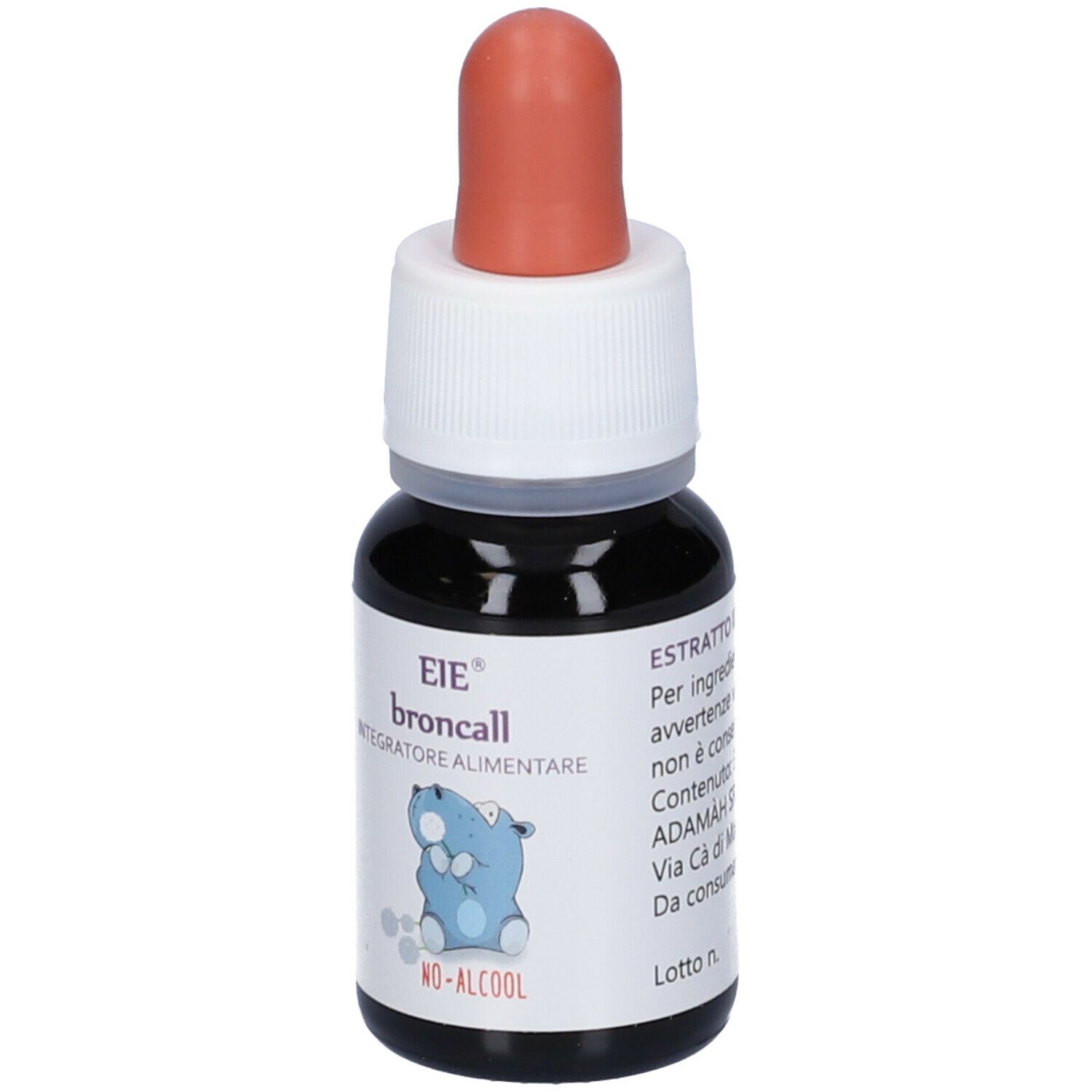 Flacon compte-gouttes avec liquide brun, bouchon blanc et embout rouge. Inscription: EIE broncall, Integratore Alimentare, No-Alcool. Texte.