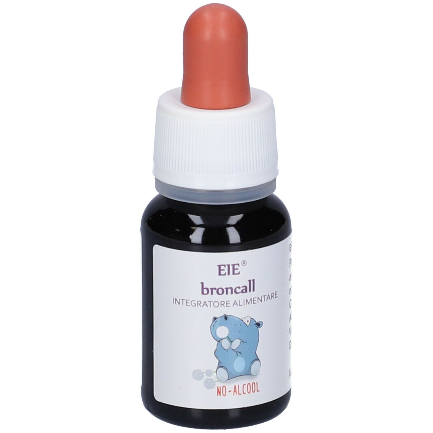 Flacon compte-gouttes avec liquide brun, bouchon blanc et embout rouge. Inscription: EIE broncall, Integratore Alimentare, No-Alcool. Texte.