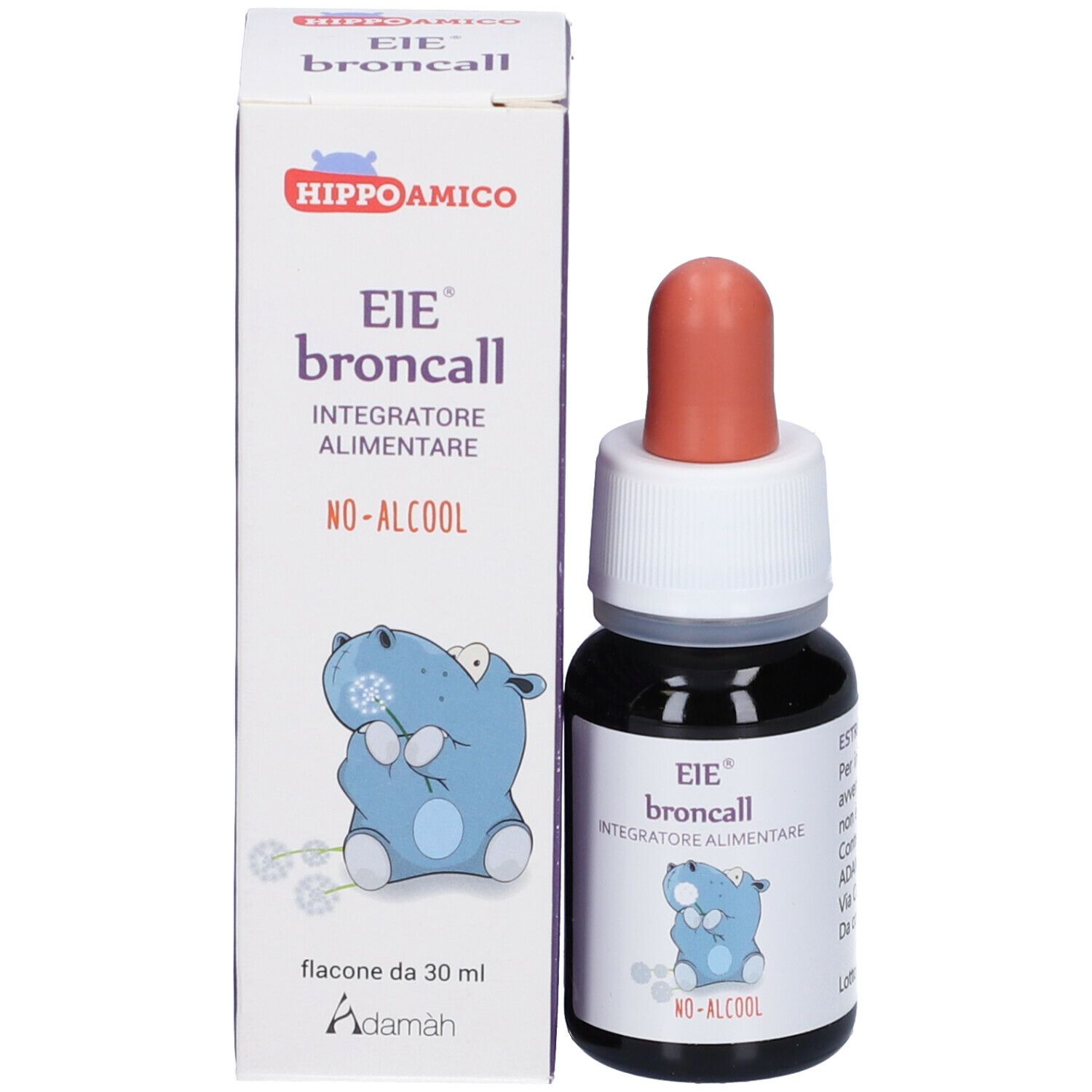 Flacon compte-gouttes et boîte. Inscription: EIE broncall, Integratore Alimentare, No-Alcool. Illustration d'un hippopotame bleu. Embout rouge.
