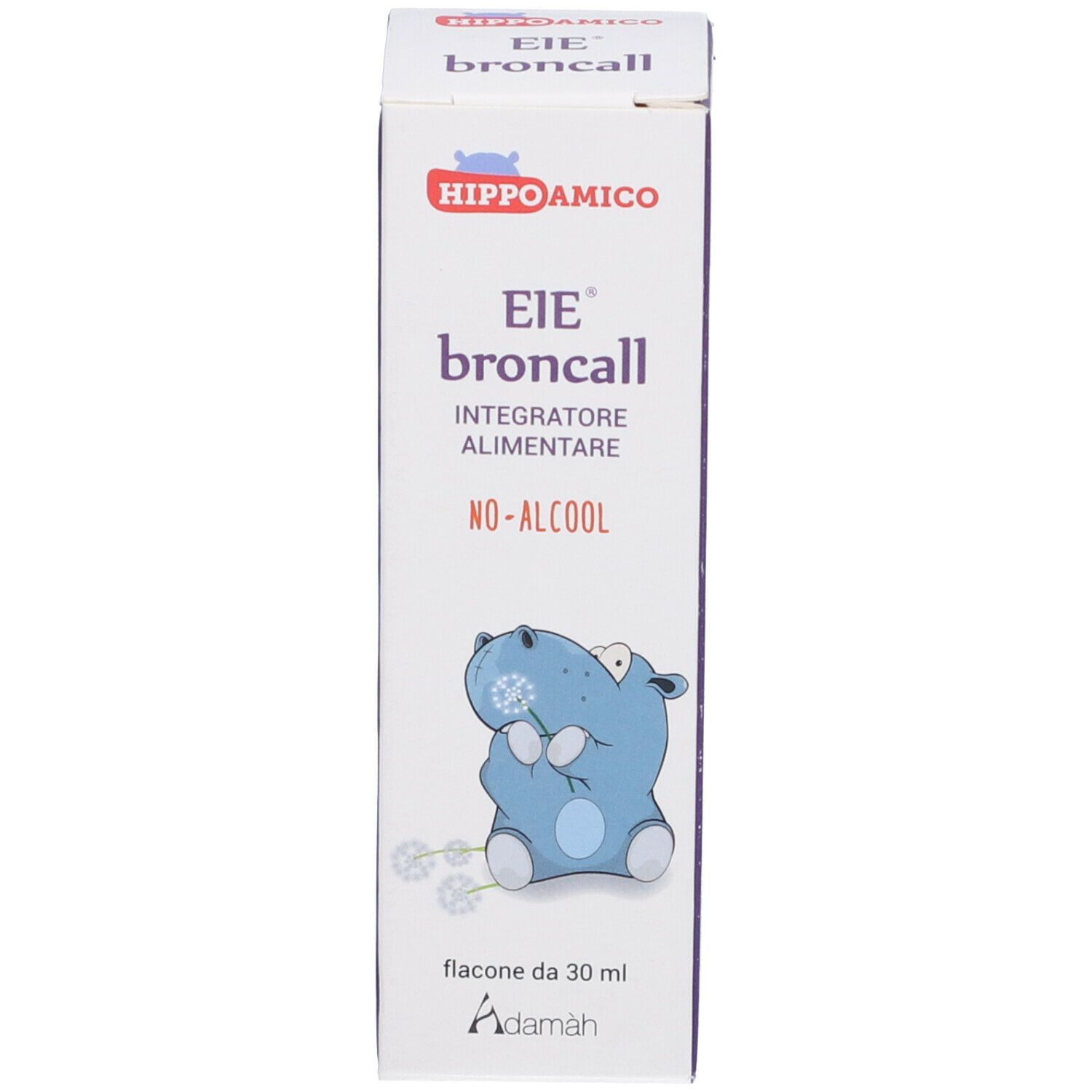 Boîte avec impression du produit. Inscription: EIE broncall, Integratore Alimentare, No-Alcool. Illustration d'un hippopotame bleu.