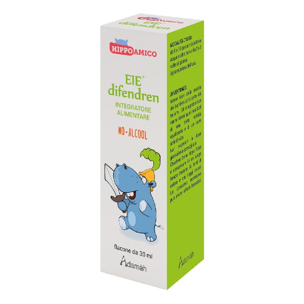 Karton mit Produktnamen und Illustration. Text: EIE difendren, Integratore alimentare, No-Alcool. Flasche 30 ml.