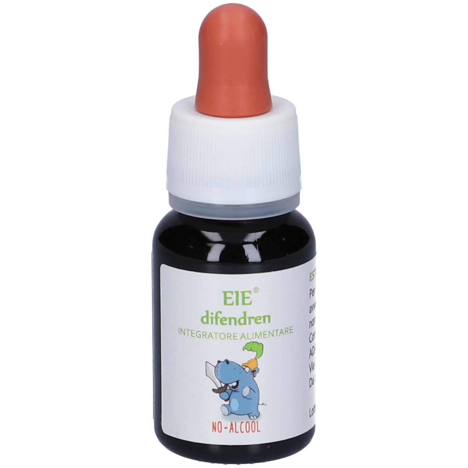 Braune Flüssigkeit in einer Tropfflasche mit roter Pipette. Aufschrift: EIE difendren, Integratore alimentare, No-Alcool.