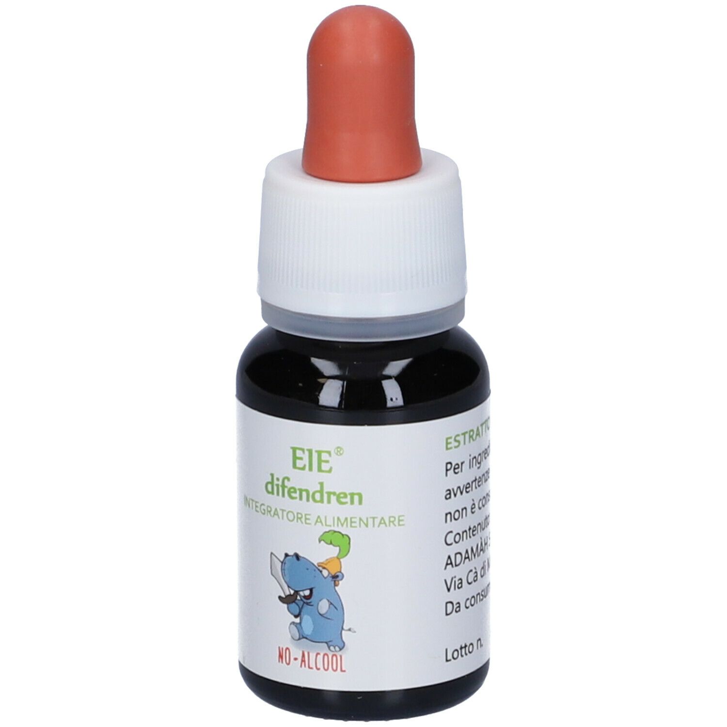 Braune Flüssigkeit in einer Tropfflasche mit roter Pipette. Aufschrift: EIE difendren, Integratore alimentare, No-Alcool. Inhalt 30 ml.