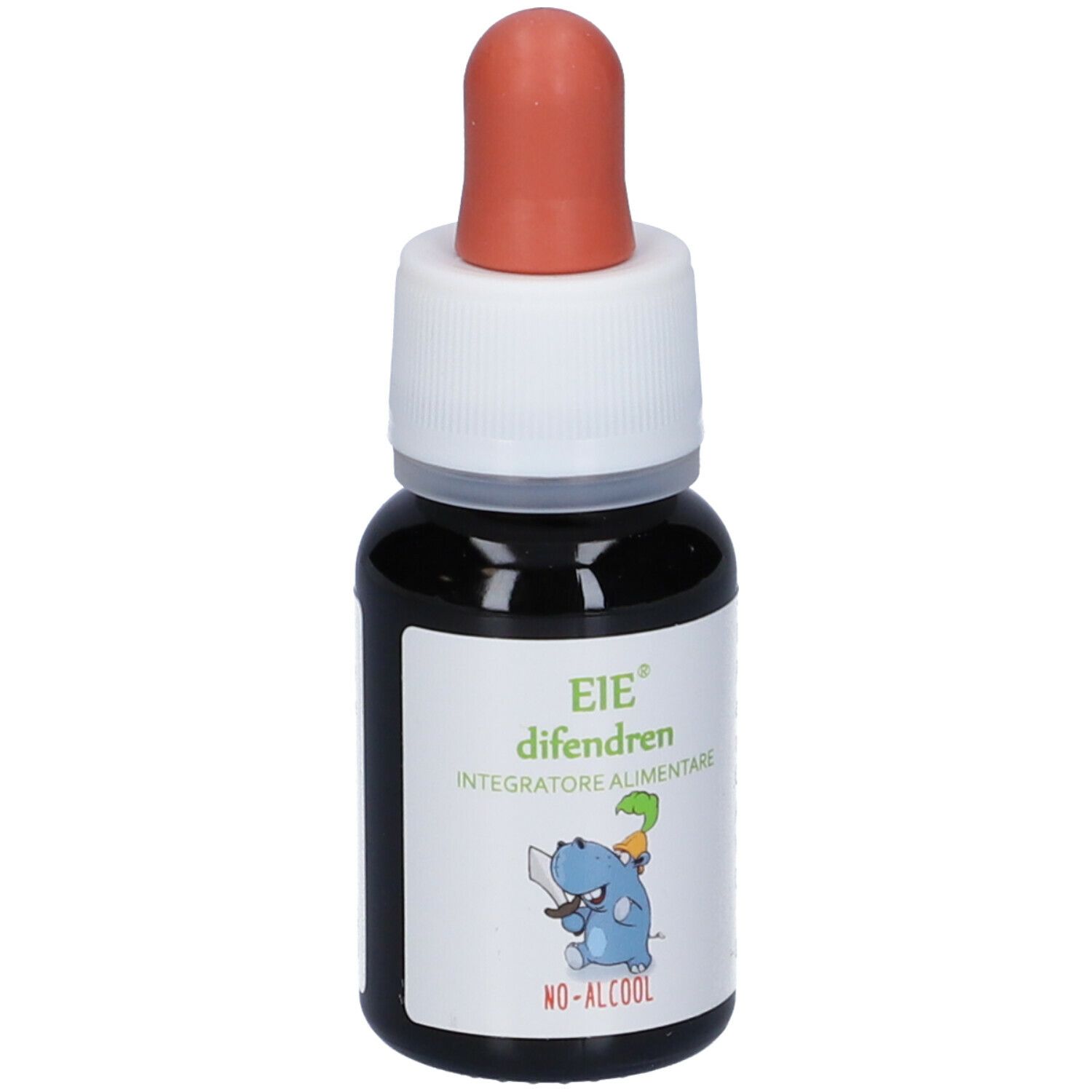 Braune Flüssigkeit in einer Tropfflasche mit roter Pipette. Aufschrift: EIE difendren, Integratore alimentare, No-Alcool. Inhalt 30 ml.