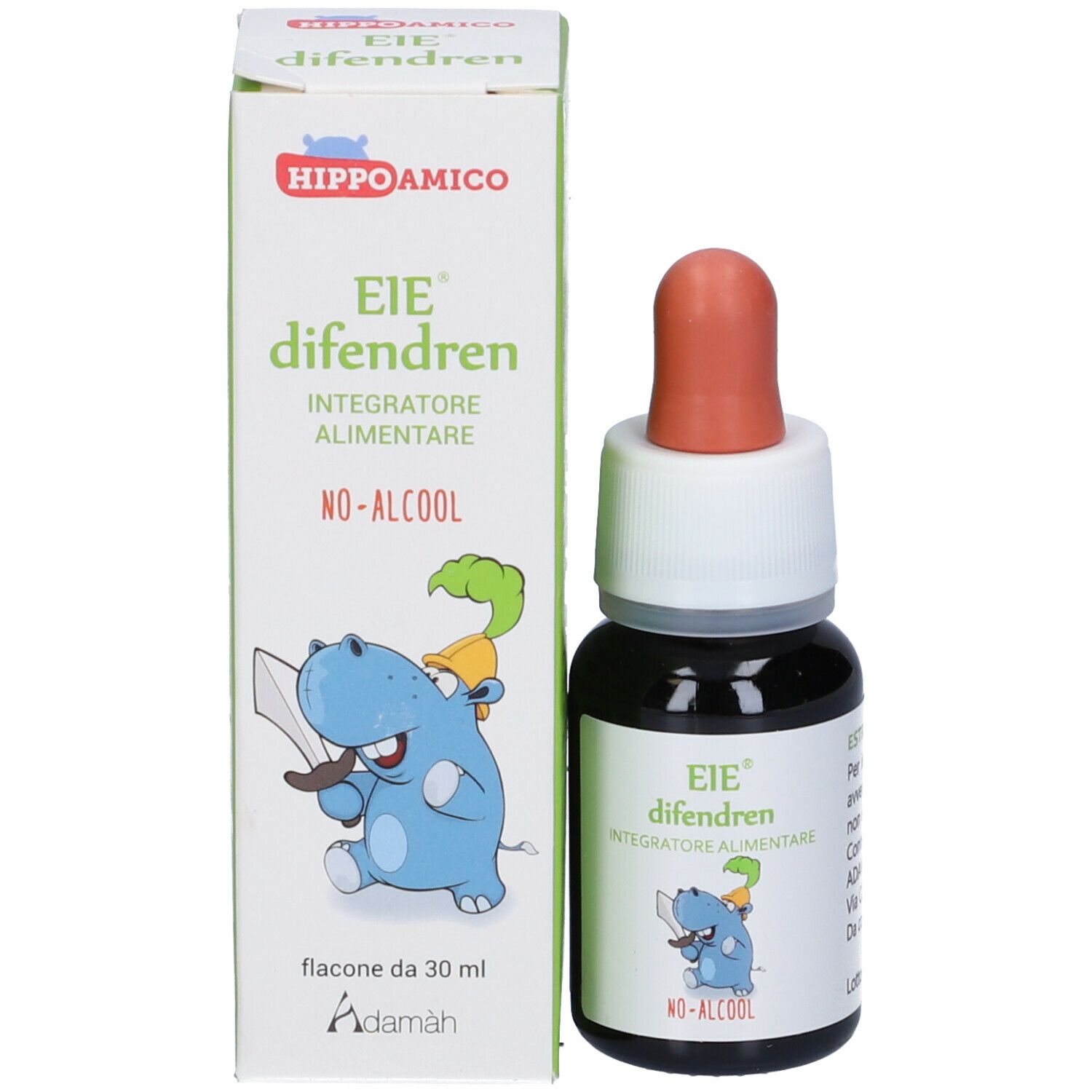 Produktflasche und Verpackung. Aufschrift: EIE difendren, Integratore alimentare, No-Alcool. Flasche 30 ml.