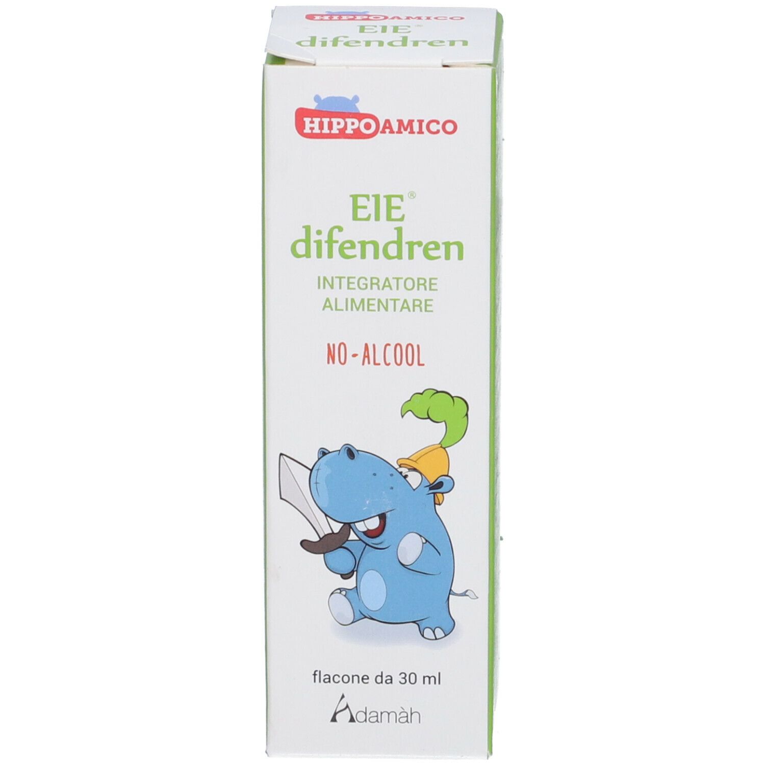 Verpackung mit Produktnamen und Illustration. Text: EIE difendren, Integratore alimentare, No-Alcool. Flasche 30 ml.