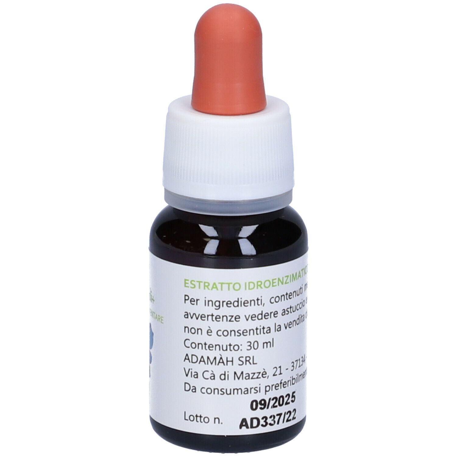 Braune Glasflasche mit roter Pipette. Etikett mit Text. Inhalt: 30 ml. AD337/22.