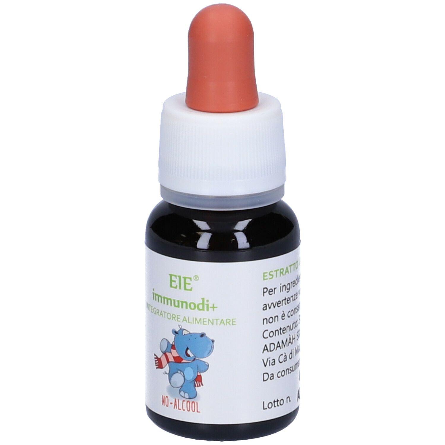 Braune Glasflasche mit roter Pipette. Etikett mit Text und Nilpferd-Illustration. „NO-ALCOOL“.