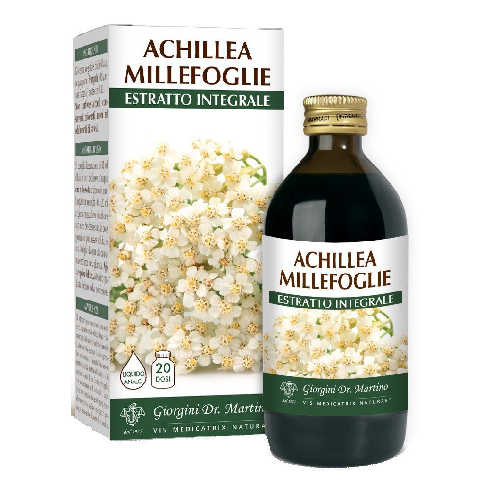 Braune Glasflasche und Karton mit Produktaufdruck. Aufschrift: Achillea Millefoglie Estratto Integrale.