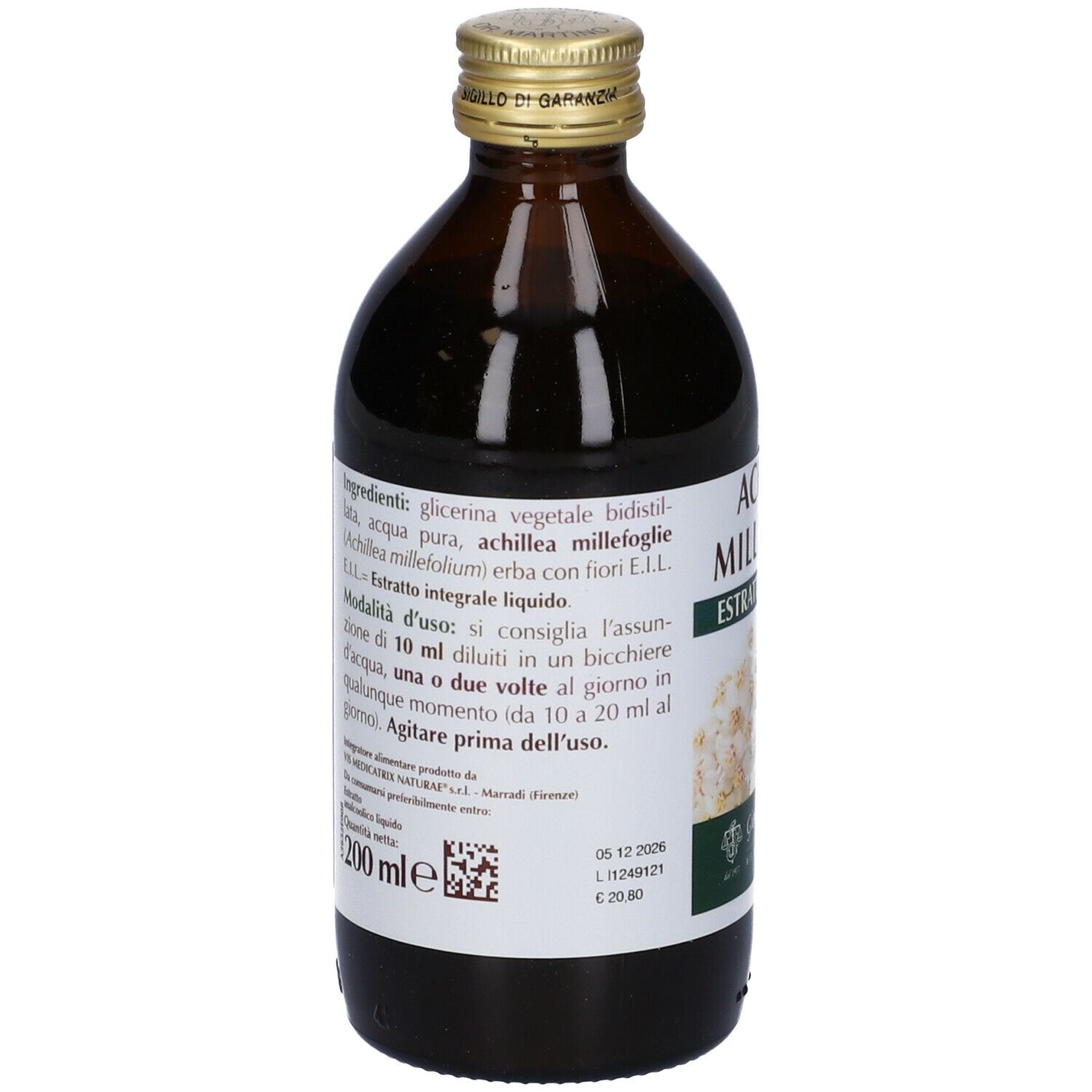 Braune Glasflasche mit Produktetikett. Aufschrift: Achillea Millefoglie Estratto Integrale. 200 ml.