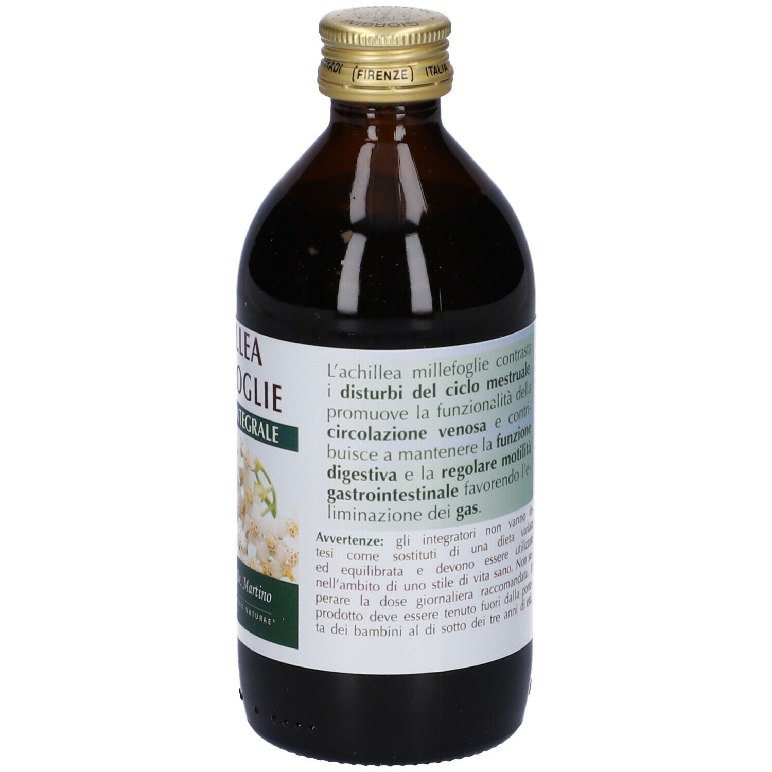Braune Glasflasche mit Produktetikett. Aufschrift: Achillea Millefoglie Estratto Integrale. 200 ml.
