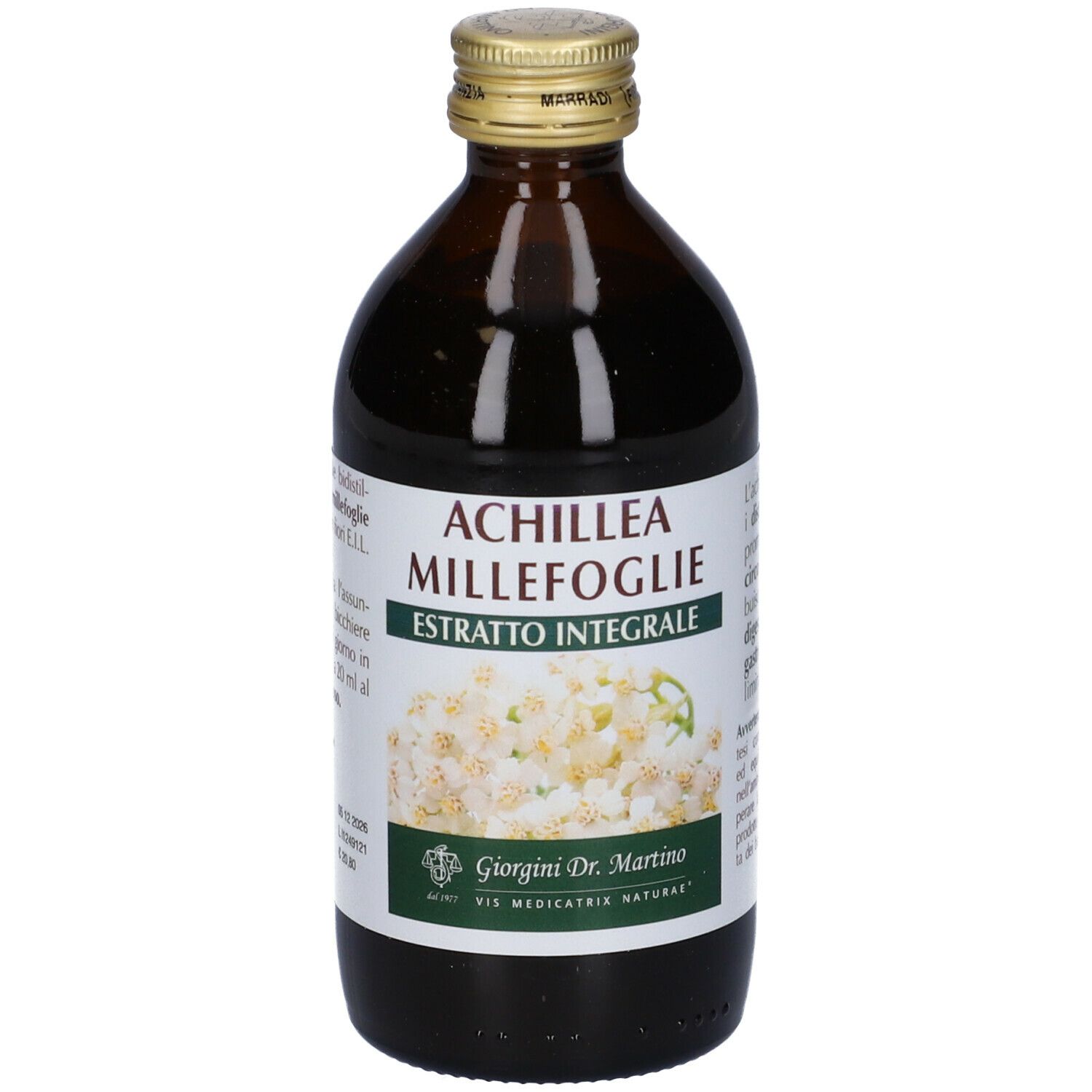 Braune Glasflasche mit Produktetikett. Aufschrift: Achillea Millefoglie Estratto Integrale. 200 ml.