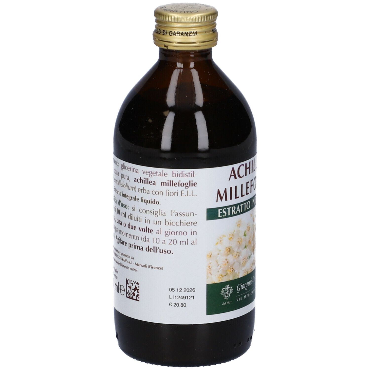 Braune Glasflasche mit Produktetikett. Aufschrift: Achillea Millefoglie Estratto Integrale. 200 ml.