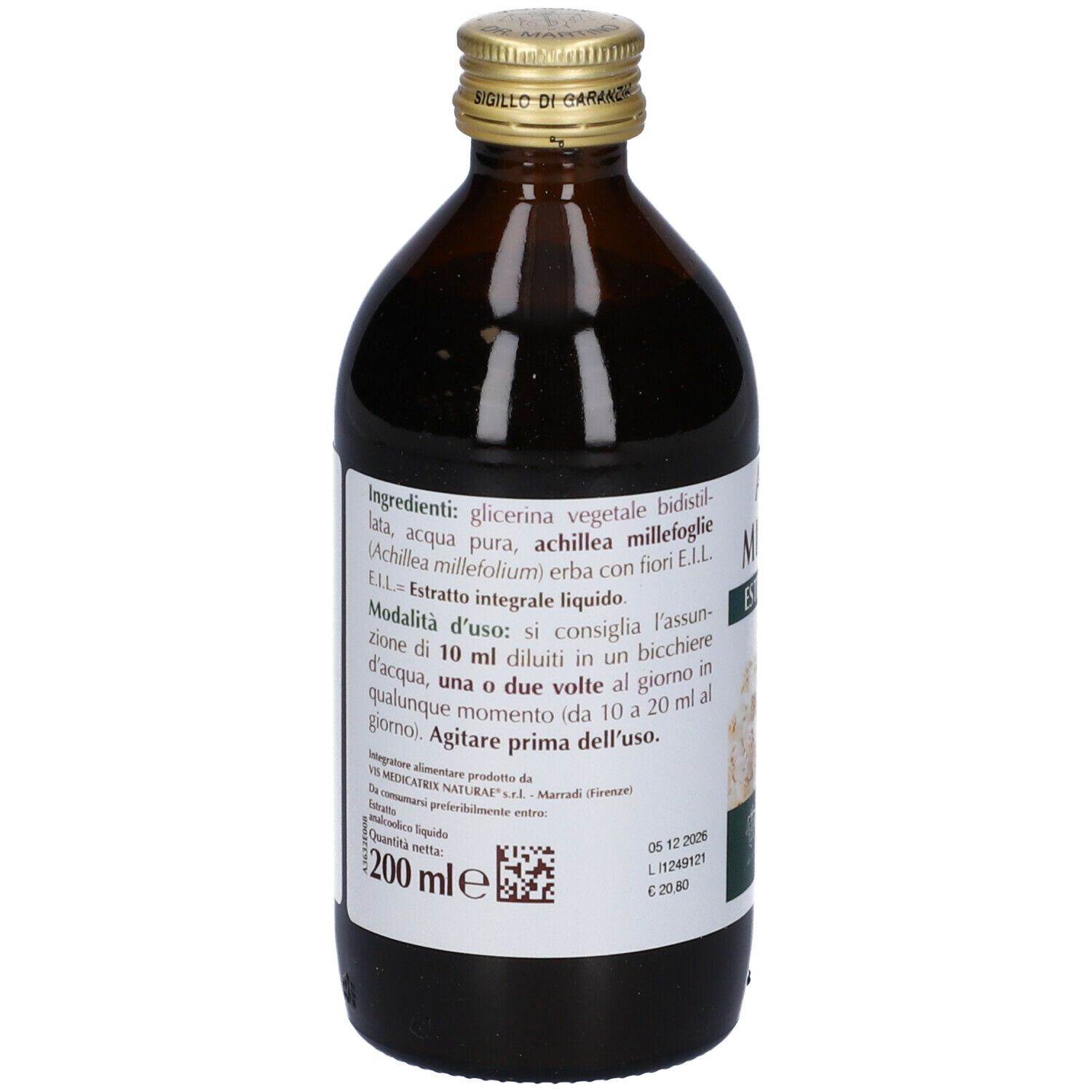 Braune Glasflasche mit Produktetikett. Aufschrift: Achillea Millefoglie Estratto Integrale. 200 ml.