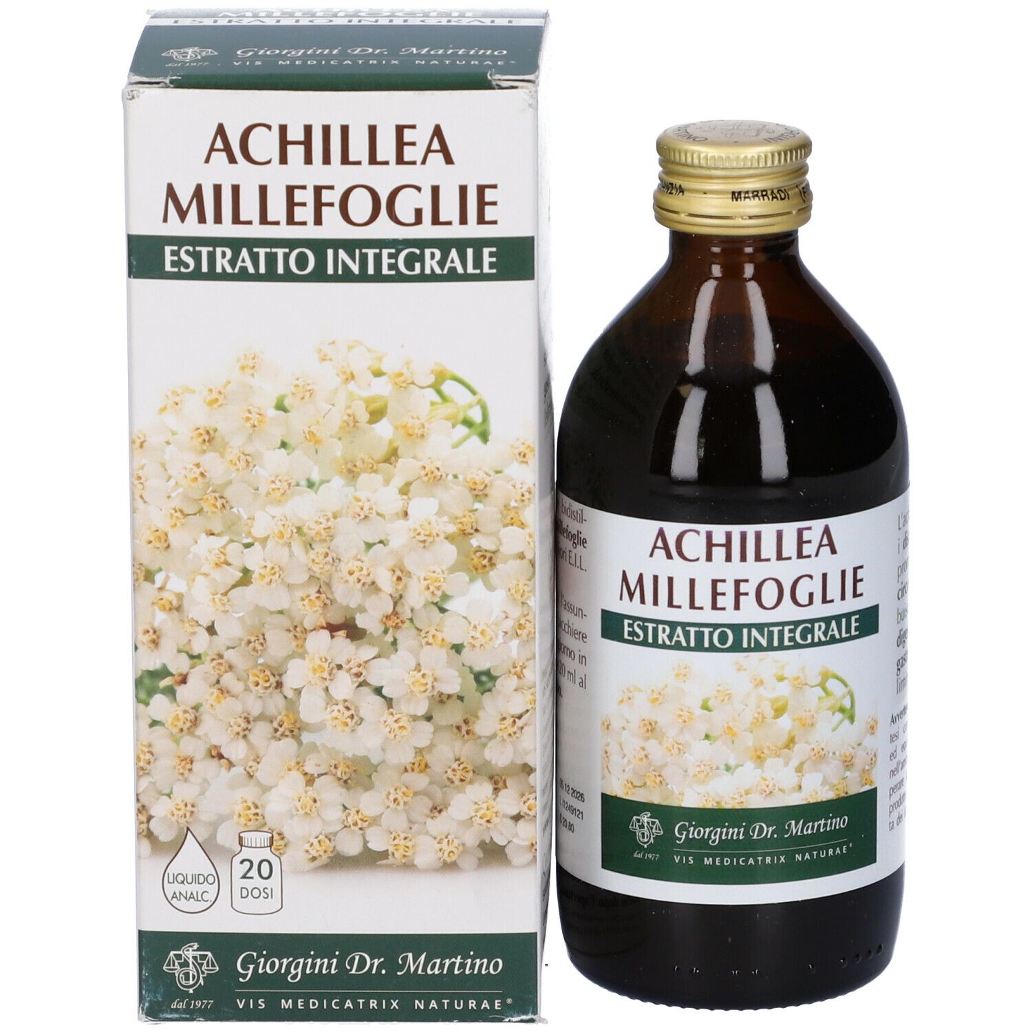 Braune Glasflasche und Karton mit Produktaufdruck. Aufschrift: Achillea Millefoglie Estratto Integrale.