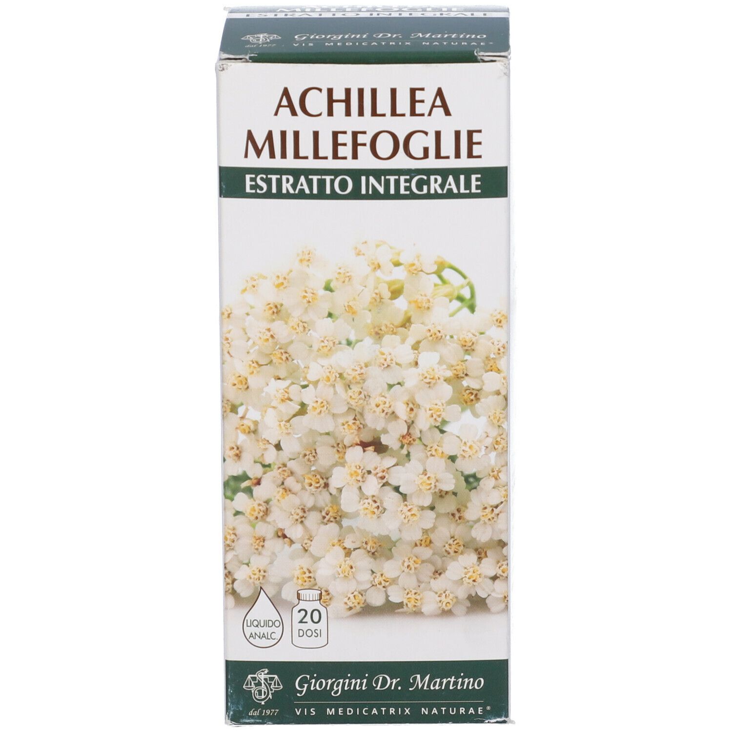 Karton mit Produktaufdruck. Aufschrift: Achillea Millefoglie Estratto Integrale. 20 Dosen.