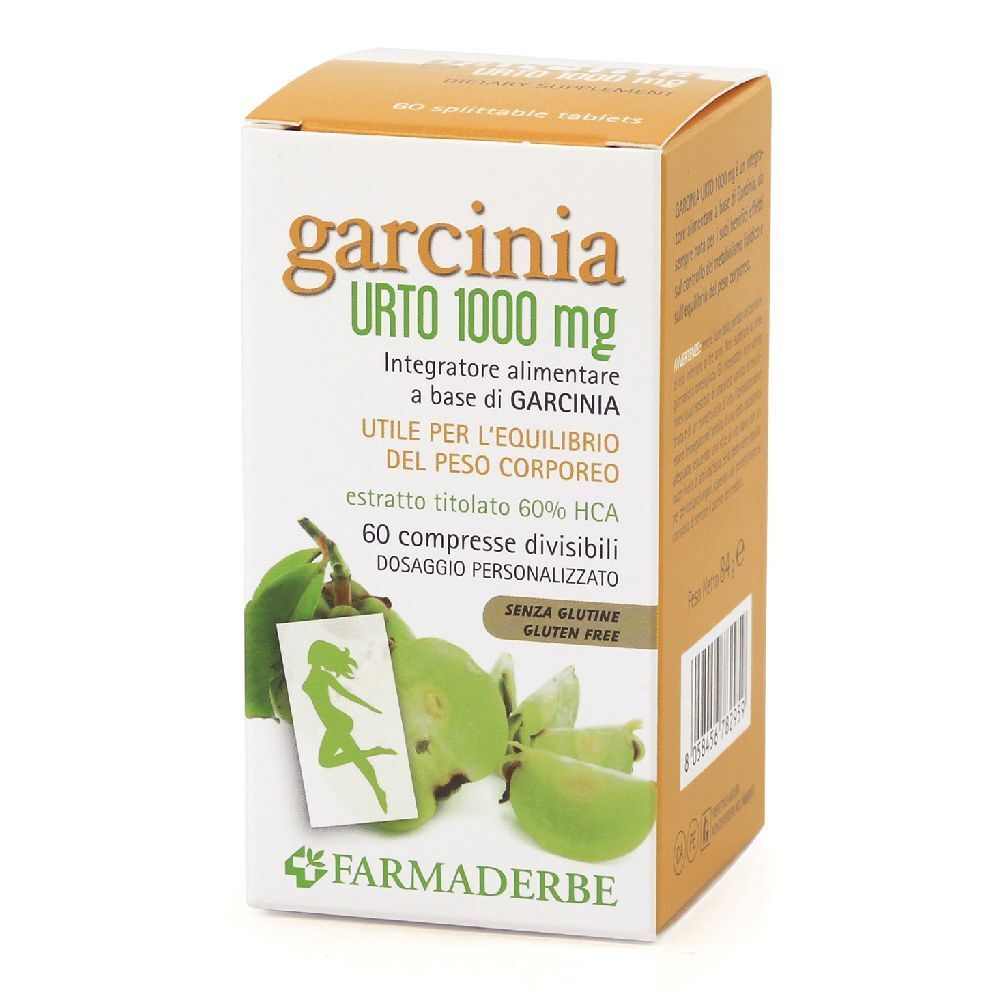 Karton mit Garcinia Urto 1000 mg Tabletten. Aufdrucke: Name, Dosierung, Inhaltsstoffe, Glutenfrei-Siegel, Logo.