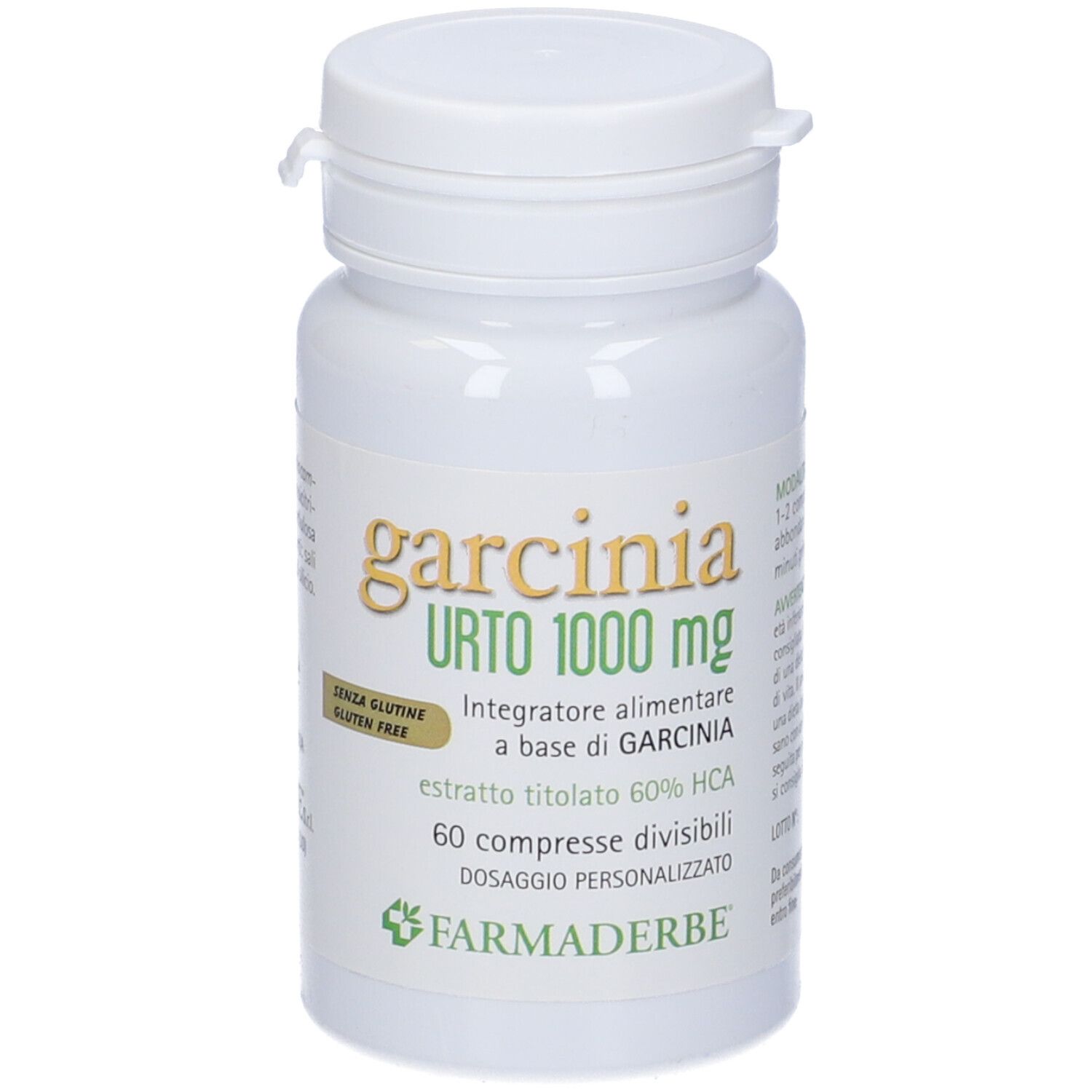 Weiße Flasche mit Garcinia Urto 1000 mg Tabletten. Aufdrucke: Name, Dosierung, Inhaltsstoffe, Glutenfrei-Siegel.