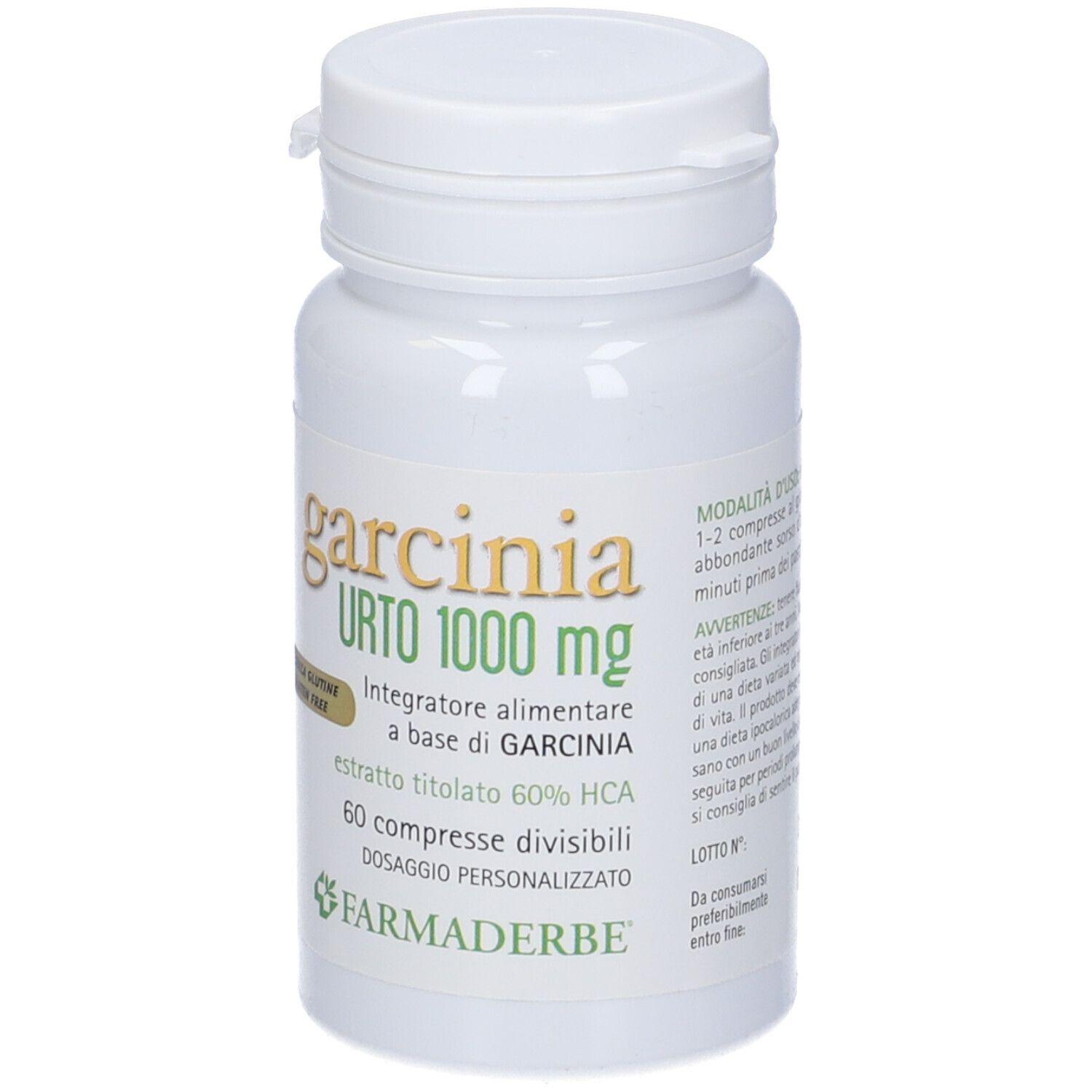 Weiße Flasche mit Garcinia Urto 1000 mg. Aufdrucke: Name, Dosierung, Inhaltsstoffe, Glutenfrei-Siegel.