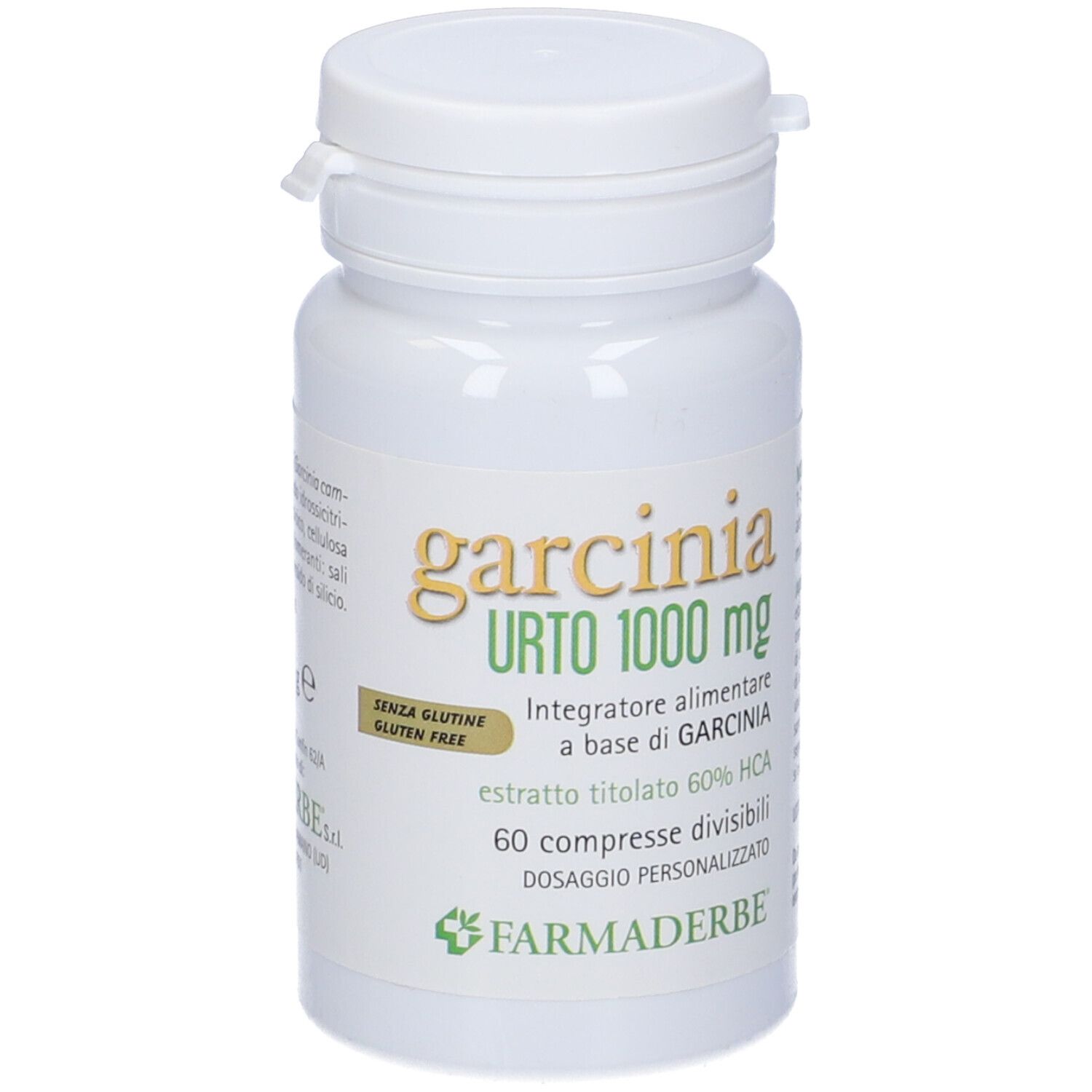 Weiße Flasche mit Garcinia Urto 1000 mg. Aufdrucke: Name, Dosierung, Inhaltsstoffe, Glutenfrei-Siegel.