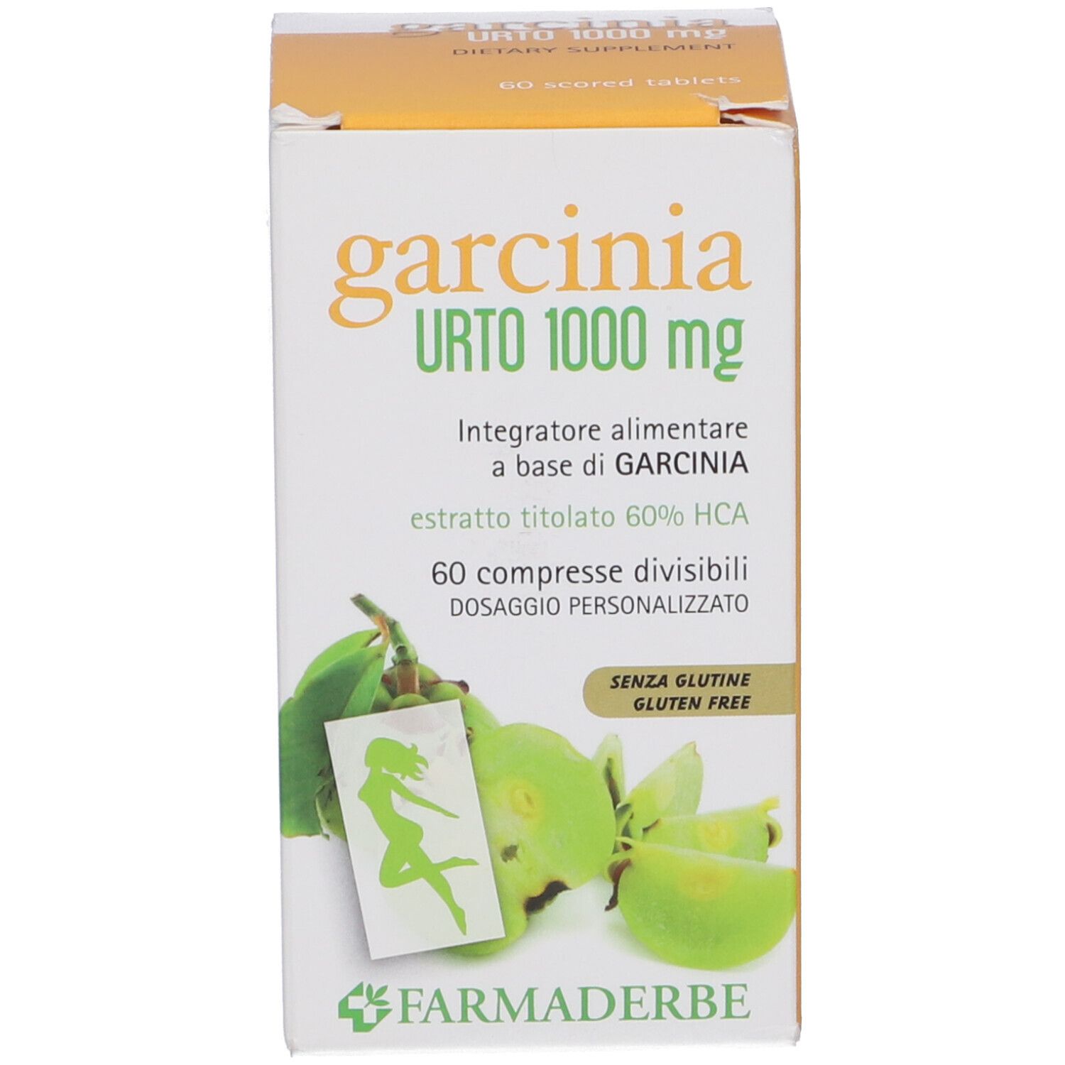 Karton mit Garcinia Urto 1000 mg Tabletten. Aufdrucke: Name, Dosierung, Inhaltsstoffe, Glutenfrei-Siegel, Logo.