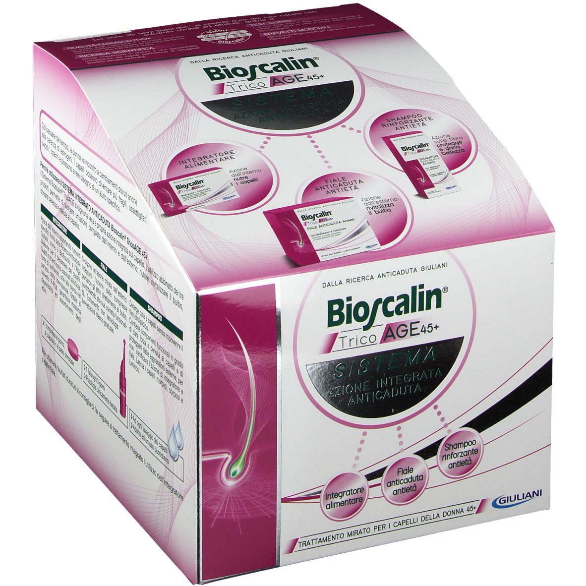 Boîte Bioscalin TricoAGE 45+. Emballage rose et blanc avec illustrations et texte. Contient compléments alimentaires, ampoules et shampooing.