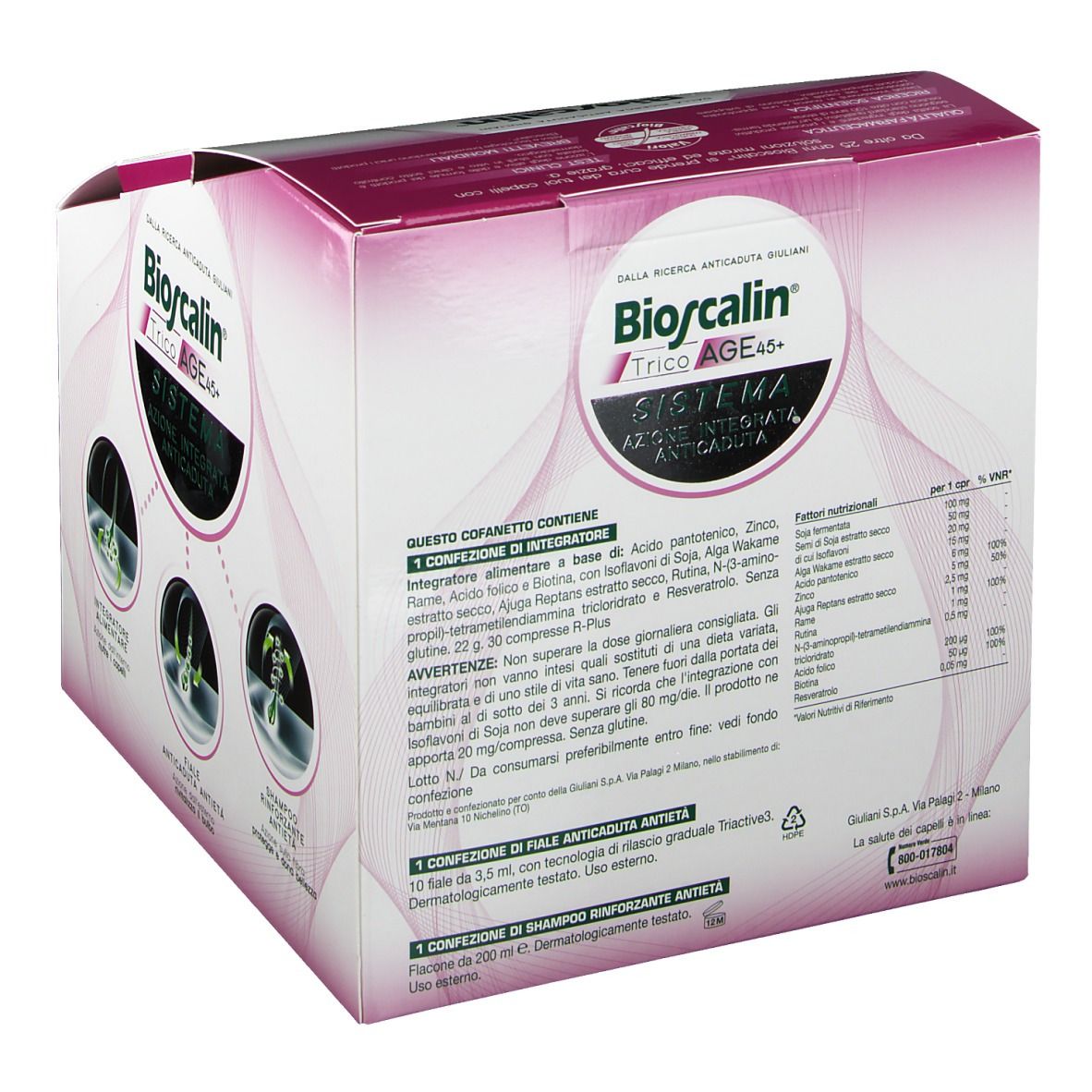 Dos de la boîte Bioscalin TricoAGE 45+. Contient des informations sur les ingrédients et les valeurs nutritionnelles. Fond rose et blanc.
