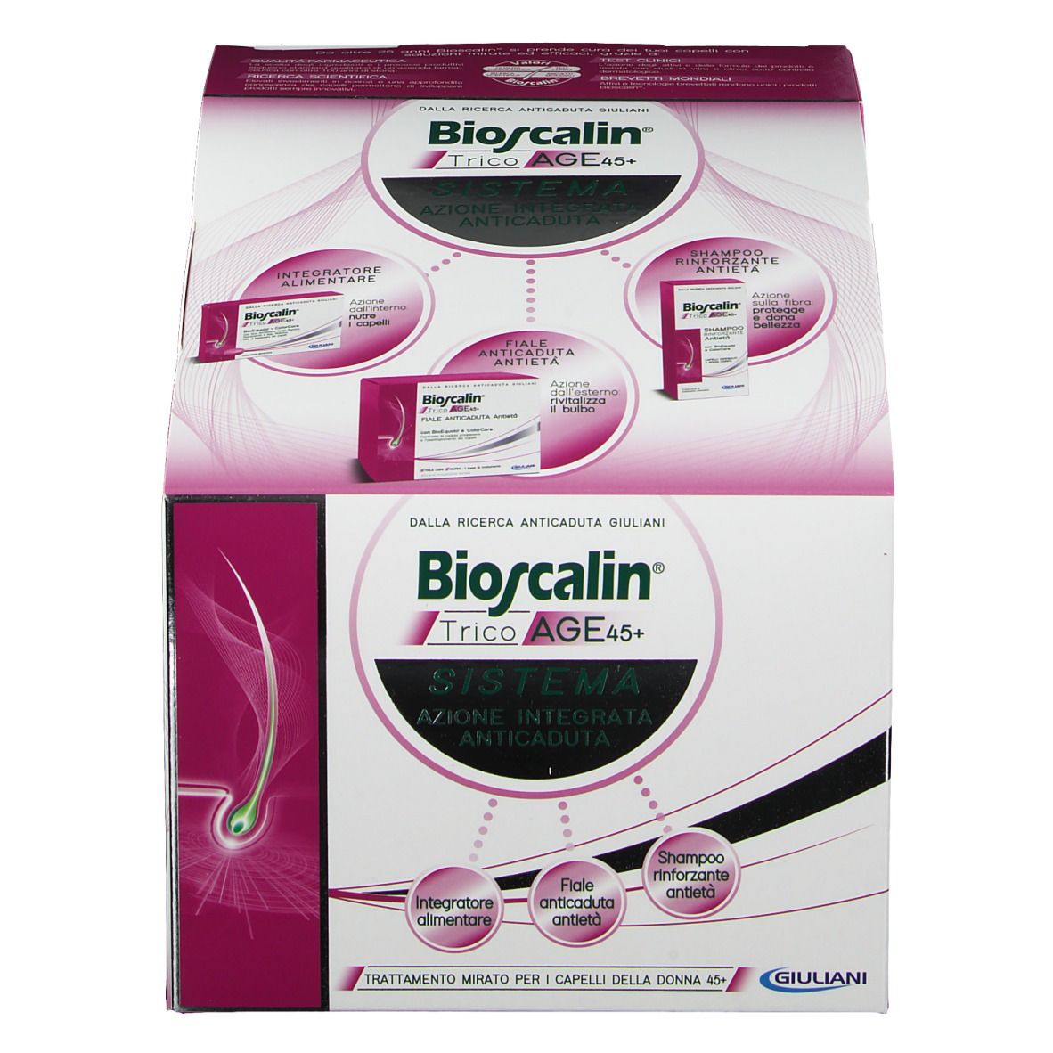 Boîte Bioscalin TricoAGE 45+. Emballage rose et blanc avec illustrations et texte. Contient compléments alimentaires, ampoules et shampooing.