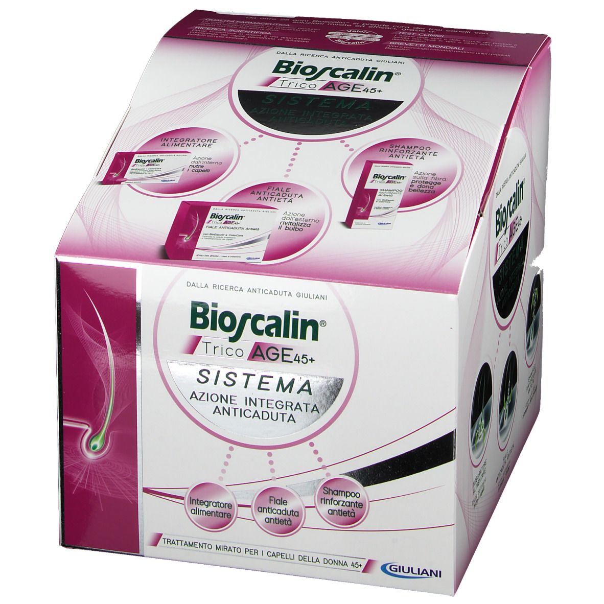 Boîte Bioscalin TricoAGE 45+. Emballage rose et blanc avec illustrations et texte. Contient compléments alimentaires, ampoules et shampooing.