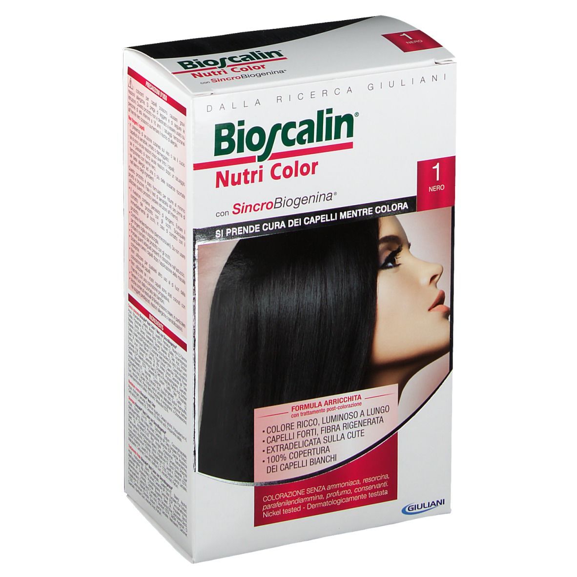 Bioscalin Nutri Color permanente Haarfarbe 1 NERO. Verpackung mit Produktabbildung und Text. Enthält Informationen zur Anwendung.