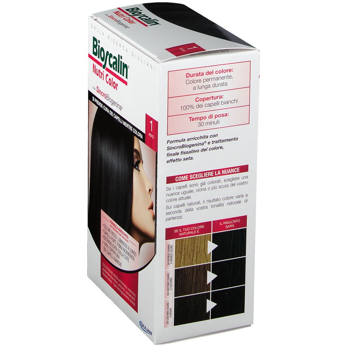 Bioscalin Nutri Color permanente Haarfarbe 1 NERO. Verpackung mit Produktabbildung und Text. Enthält Informationen zur Anwendung.