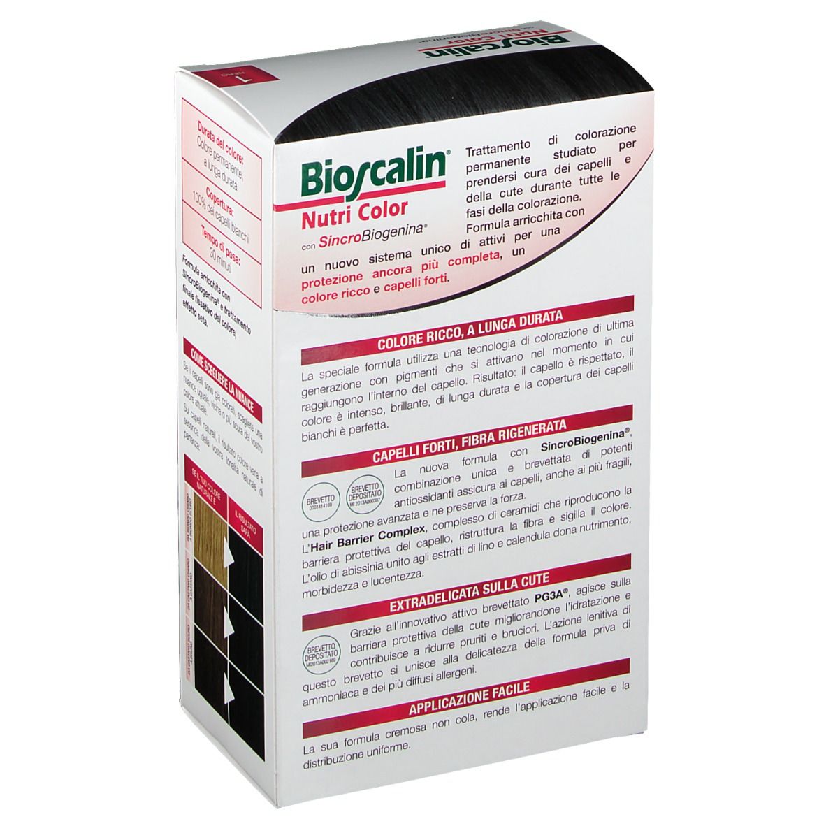 Bioscalin Nutri Color permanente Haarfarbe 1 NERO. Verpackung mit Produktabbildung und Text. Enthält Informationen zur Anwendung.