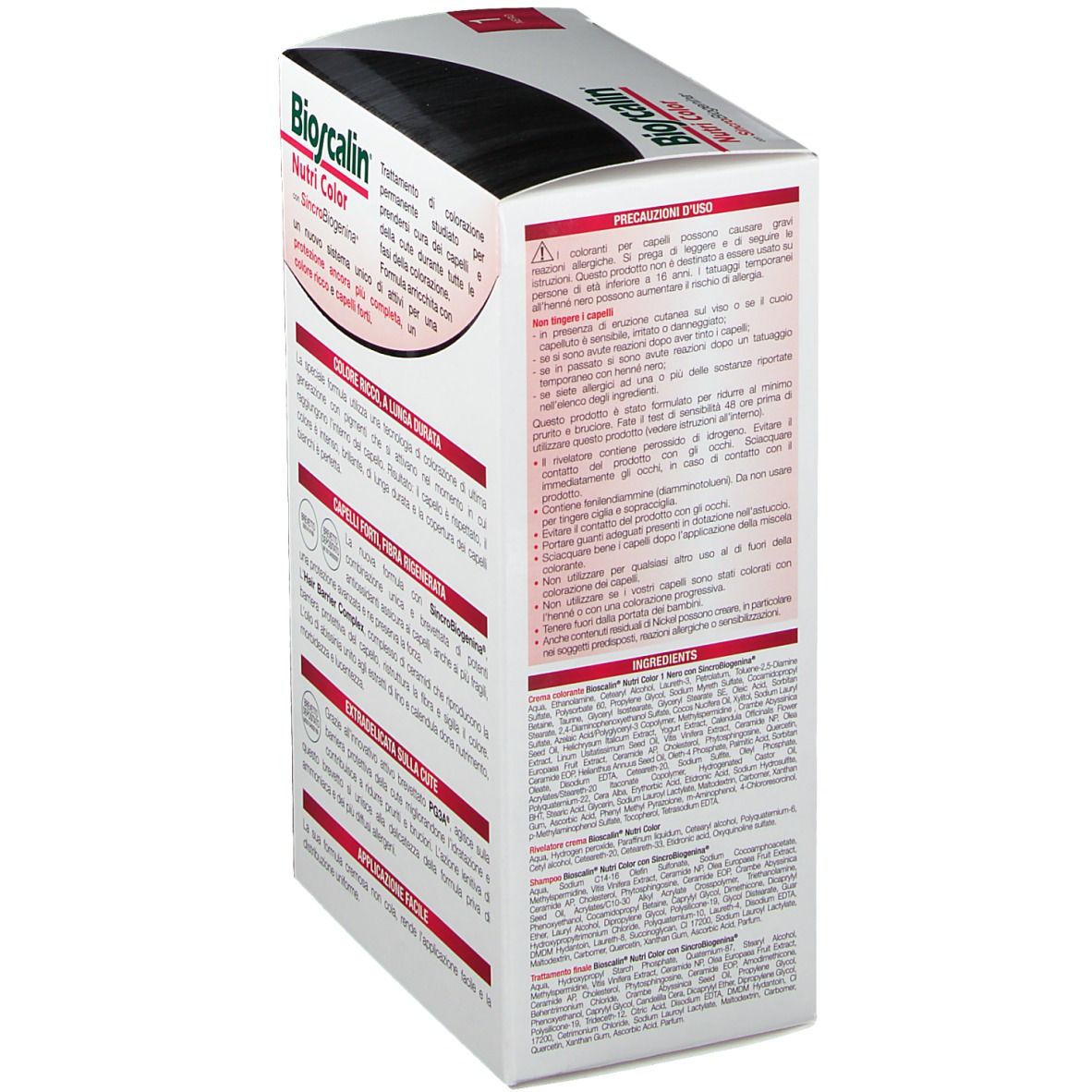 Bioscalin Nutri Color permanente Haarfarbe 1 NERO. Verpackung mit Produktabbildung und Text. Enthält Informationen zur Anwendung.
