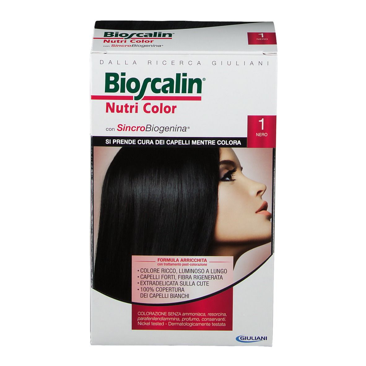 Bioscalin Nutri Color permanente Haarfarbe 1 NERO. Verpackung mit Produktabbildung und Text. Enthält Informationen zur Anwendung.