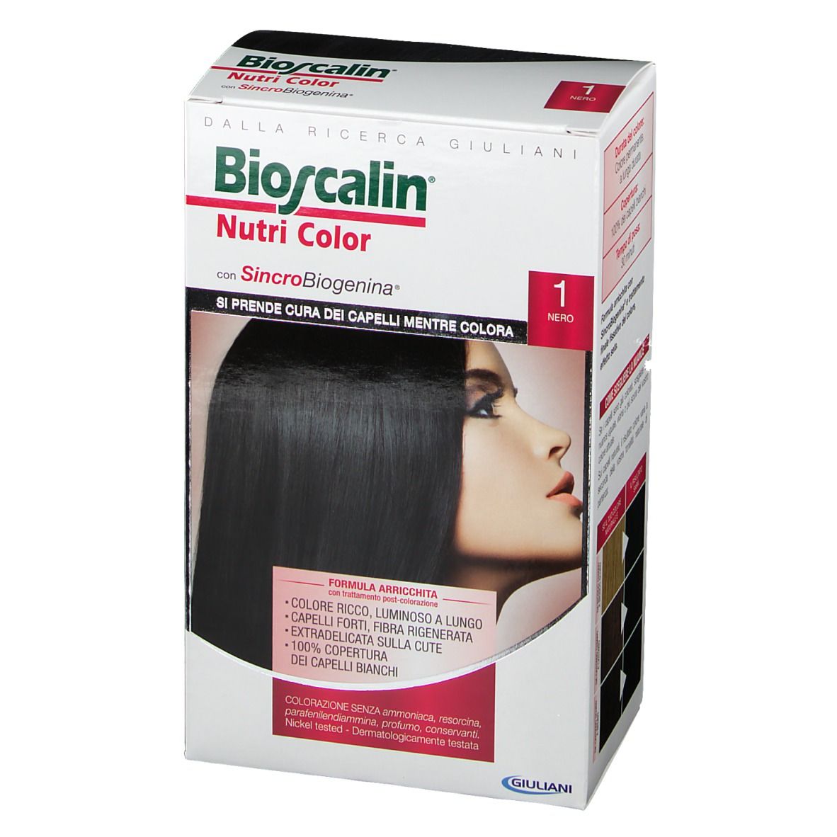 Bioscalin Nutri Color permanente Haarfarbe 1 NERO. Verpackung mit Produktabbildung und Text. Enthält Informationen zur Anwendung.