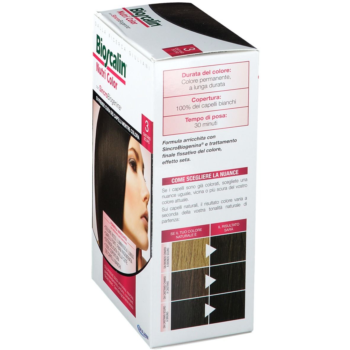 Bioscalin Nutri Color 3 Dunkelbraun. Verpackung mit Produktinformationen. Angaben zu Farbe, Deckkraft und Einwirkzeit.