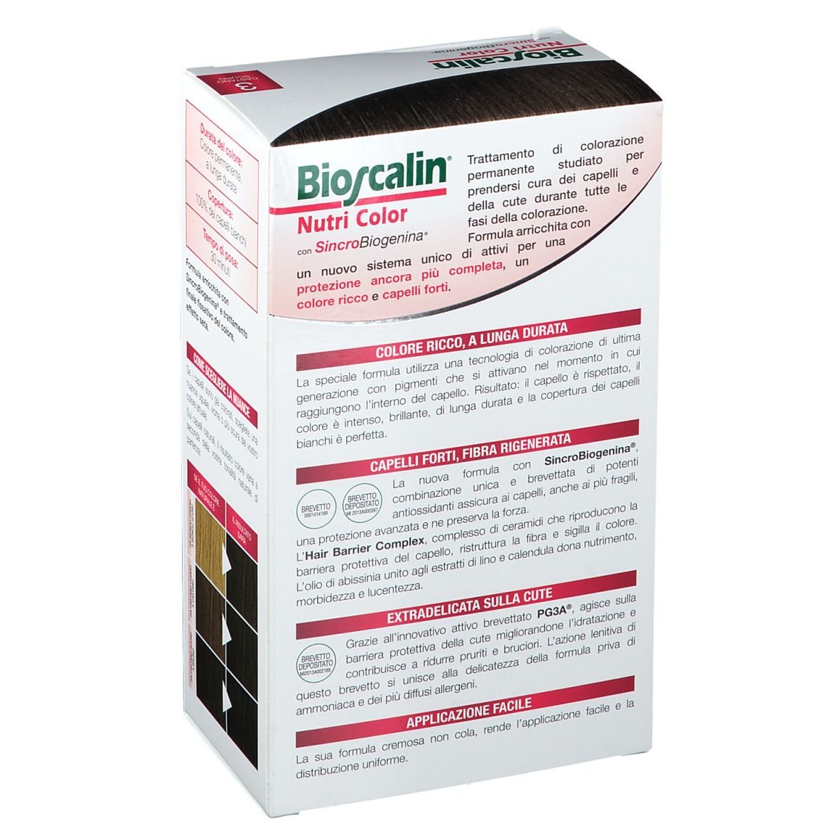 Bioscalin Nutri Color 3 Dunkelbraun. Verpackung mit Produktinformationen. Details zur Formel und Inhaltsstoffen.